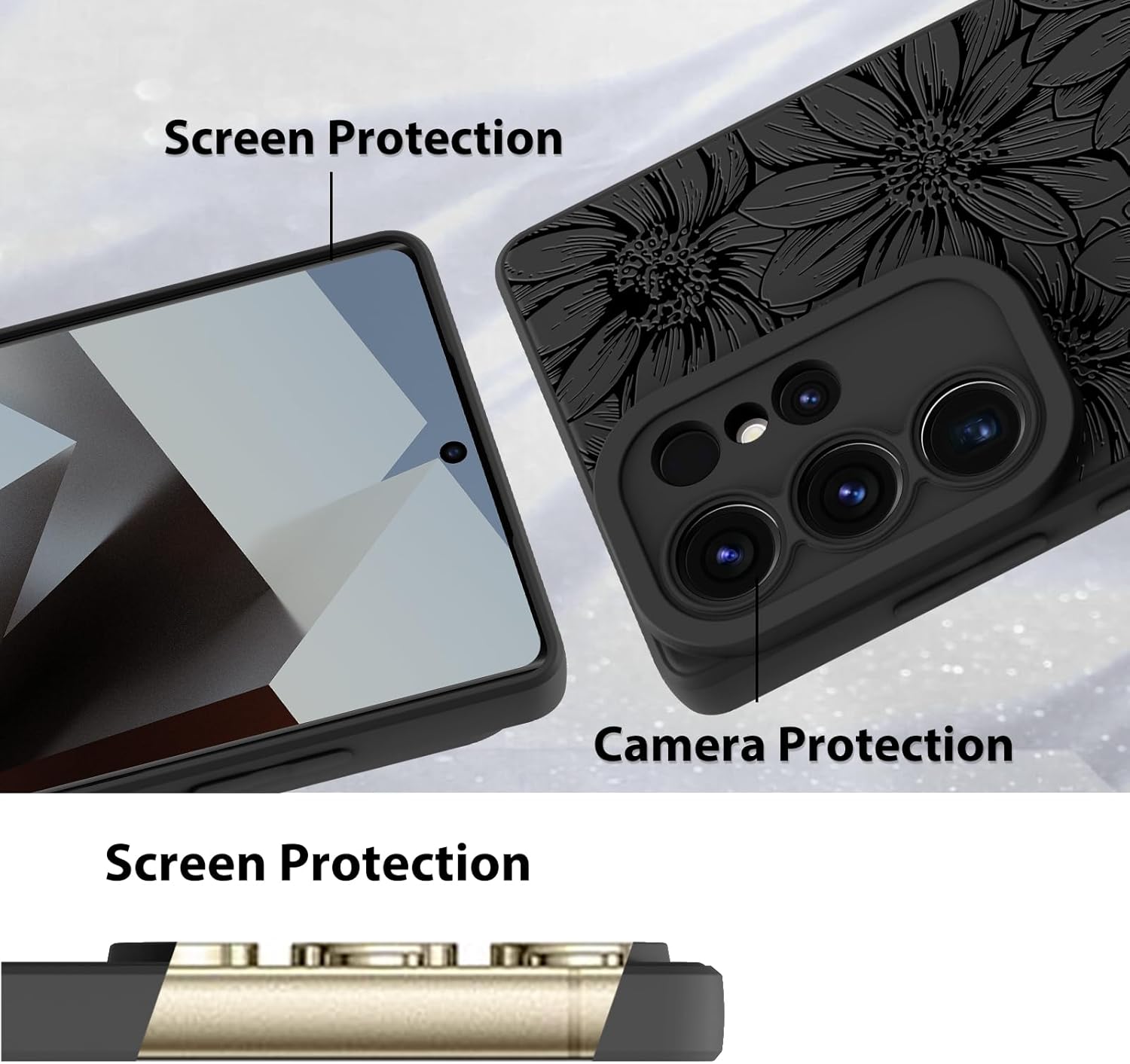 MZELQ for Samsung Galaxy S25 Ultra Case, Silicone Black Floral Flowers Sunflowers Cute Pattern, Camera Protection Soft Slim Phone Case for Girls Women -Black - Image 4