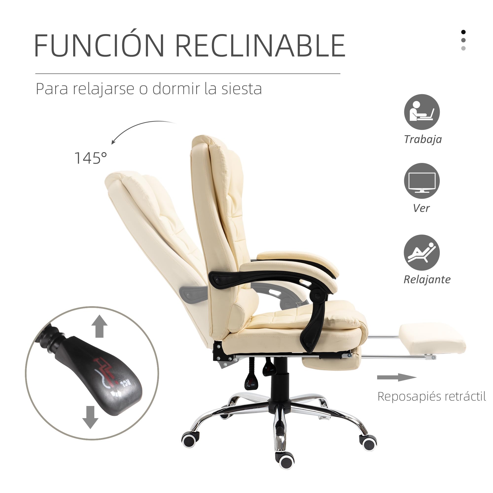 HOMCOM Silla de Oficina Reclinable con Reposapiés Altura Ajustable Crema | Silla de Escritorio Giratoria, Tapizada en PU, con Reposabrazos, para Estudio