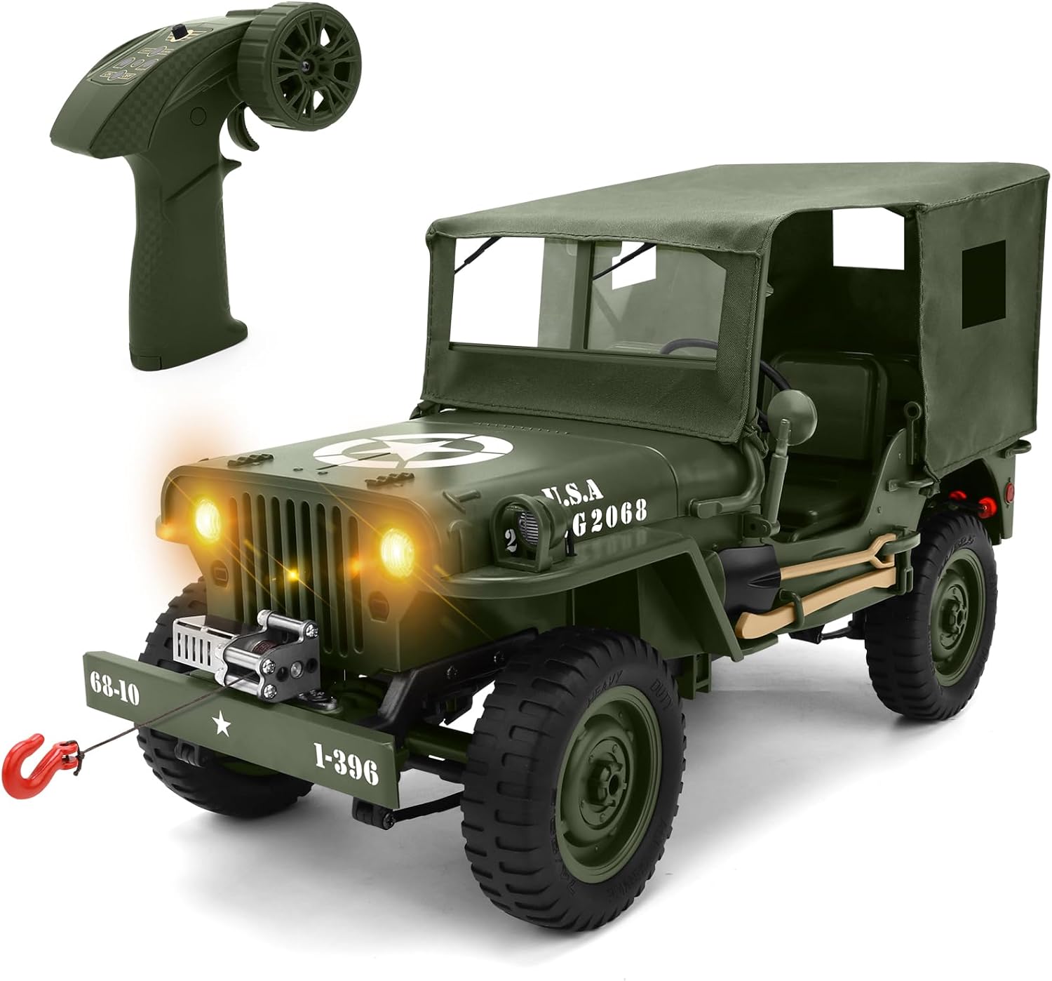 Remote Control Truck Off Road - 4x4 1/10 Scale Willys Army Rock Crawler RC Truck with Winch&Car Cover, 40Mins Play Time All Terrain Offroad RC Car, Military Vehicle Toys for Boys, Radio Controlled Car