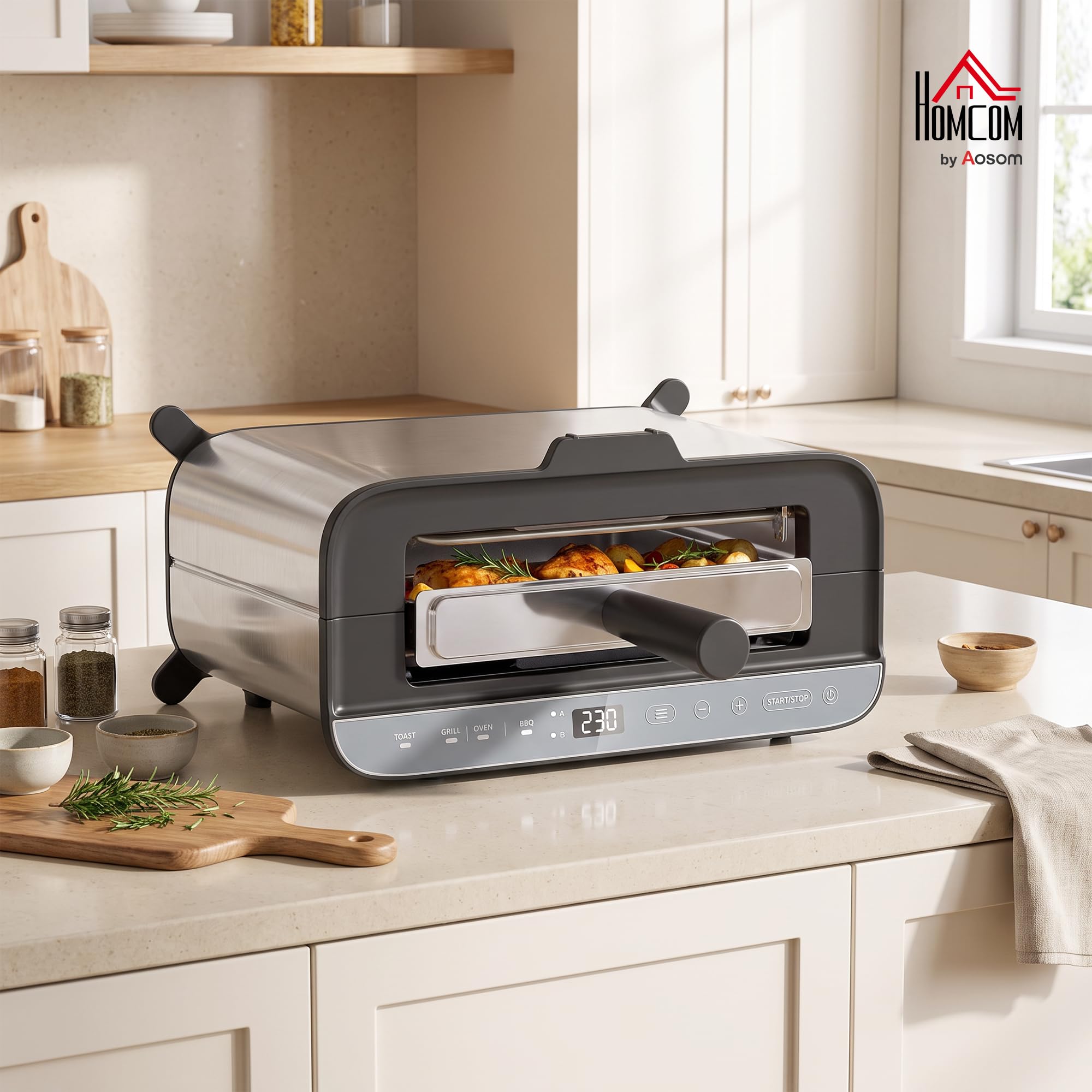 HOMCOM horno eléctrico 3 en 1, tostadora y grill de sobremesa, 5,2 qt, LED, temporizador 60 min, acero inoxidable, 1700 W