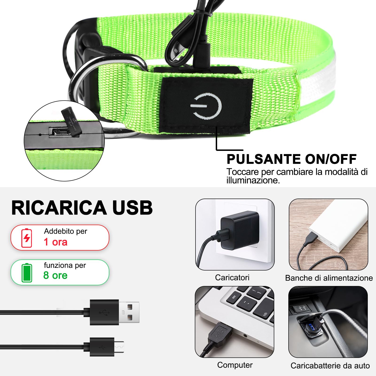Nepfaivy Collare Luminoso per Cani Ricaricabile - Collare per Cani a Led con Lunghezza Regolabile, 3 Modalità di Illuminazione per la Sicurezza Notturna, Verde