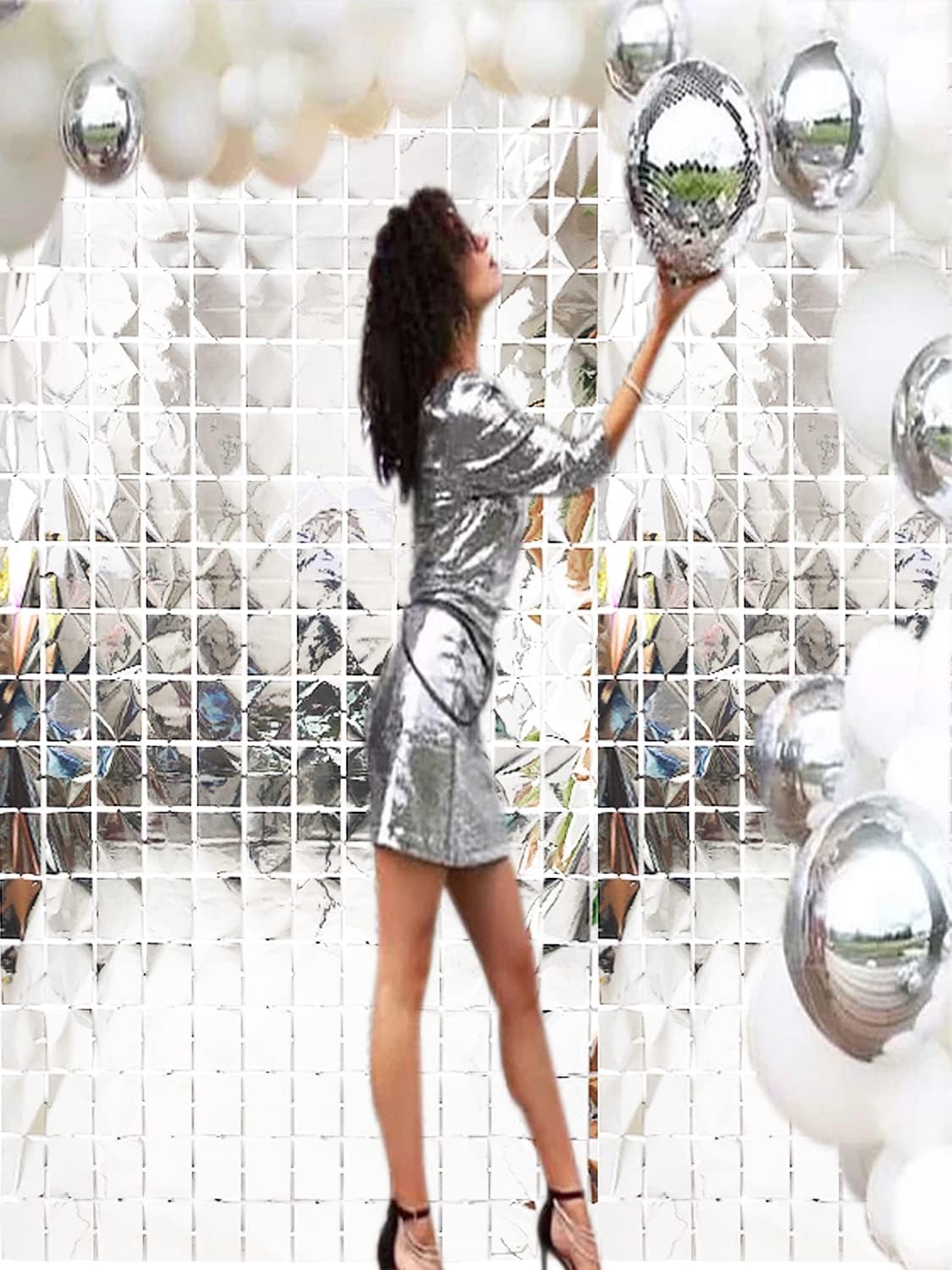 Prudance 2 Pcs Silver Foil Fringe Square Curtain Party Decorations,Sequin Square Curtain Photo Backdrop Props Suitable for Birthday Party Bachelorette Engagement Christmas New Years Decor 3.3 x 6.6 Ft