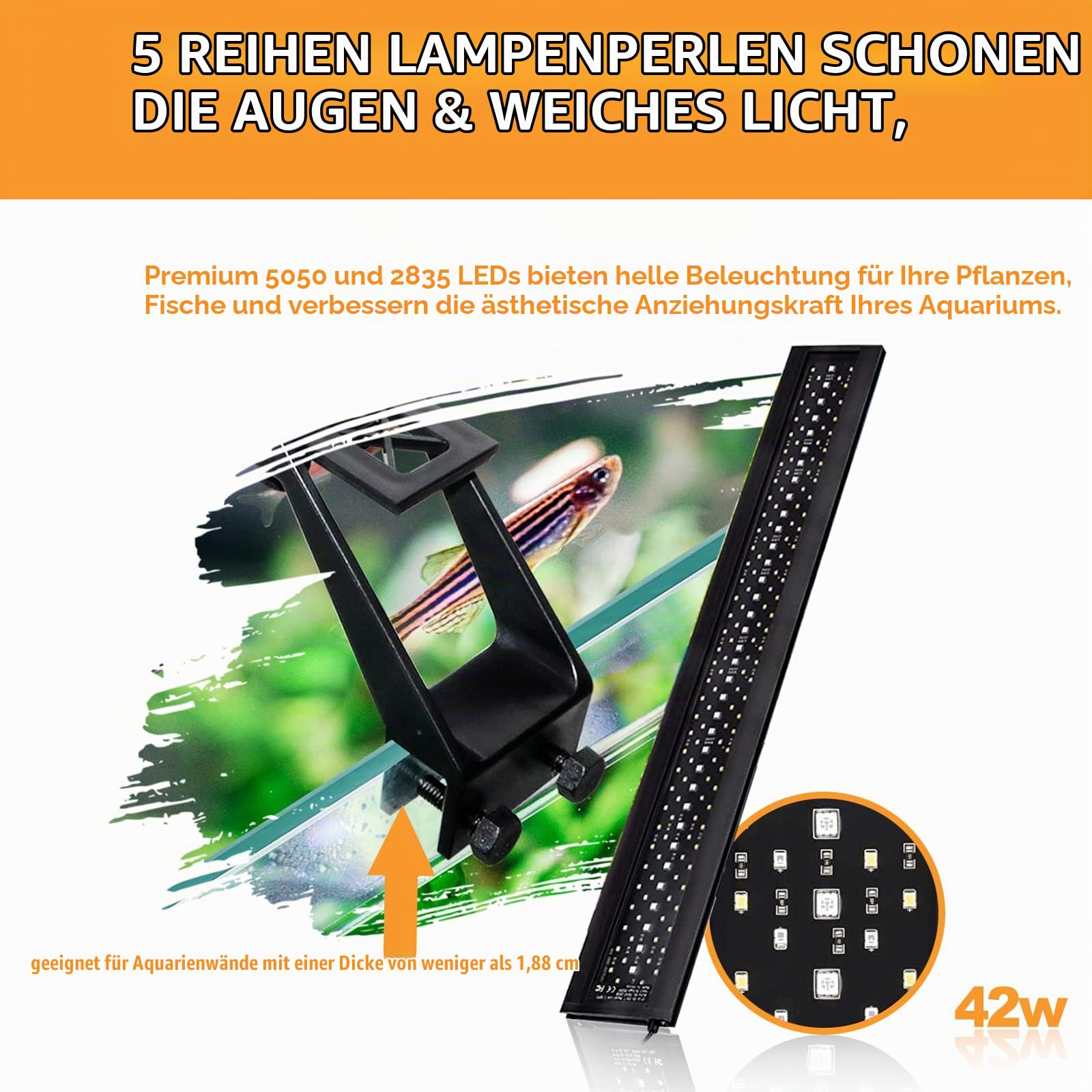 42W Clip-on Aquarium LED Beleuchtung, 24/7 Modus Aquarium Lampe mit Timer, Dimmbare Wasserdicht Aquarium Licht für Wasserpflanzen und Fische