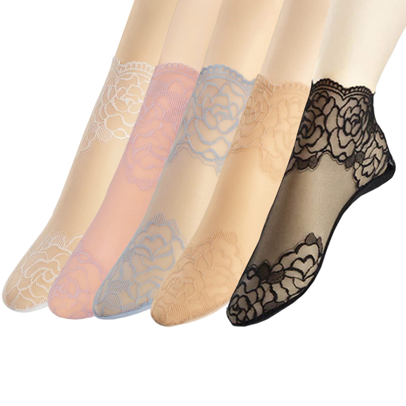 Rebucina Women's Black/Light Skin/Gray/Pink/White 7Pcs Lace Socks Sheer Pop Socks Ankle,Frilly Lace Fishnet Socks,Loose And Breathable Mesh Socks For Girls
