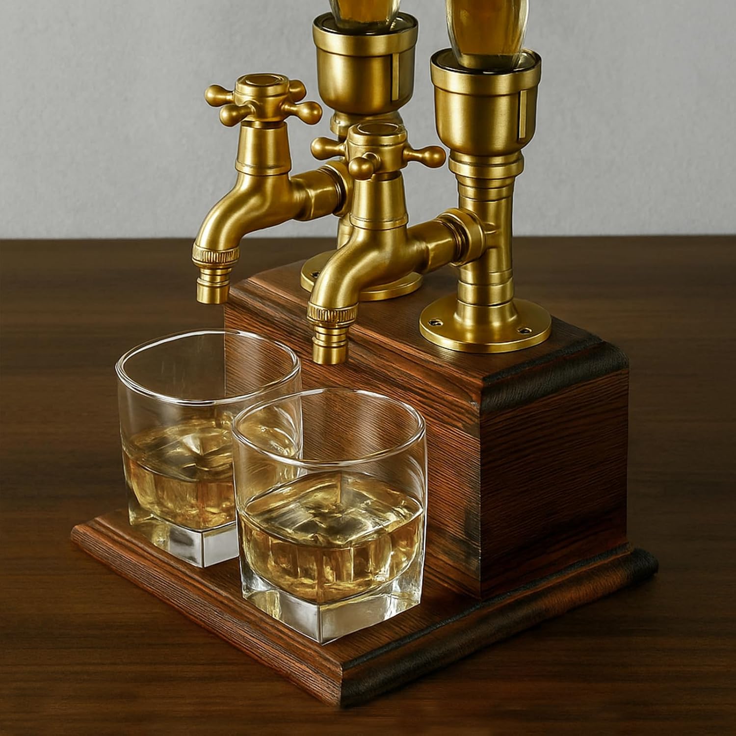 Steampunk Whiskey Dispenser with Wood Base & Brass Tap | Industrial Mancave Bar Decor & Home Bar Accessory | Dual Tap Version | Unique Gift for Him, Father’s Day, Birthday