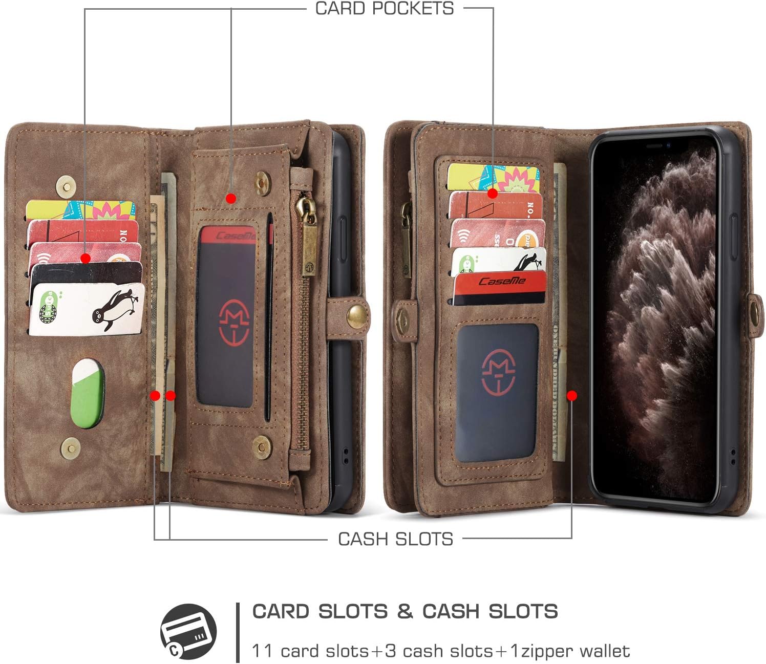 Zttopo iPhone 11 Pro Max Wallet Case 2 in 1 Leather Zipper Detachable Magnetic 11 Card Slots Card Slots Money Pocket Clutch Cover with Screen Protector for iPhone 6.5 Inch Brown