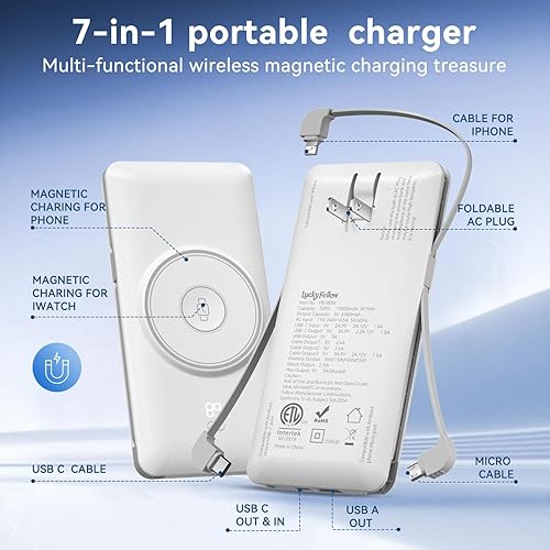 Miniatura 3 de Cargador portátil magnético de 10000 mAh para iWatch y iPhone, 22.5 W USB C de carga rápida, batería inalámbrica de carga rápida, cables integrados