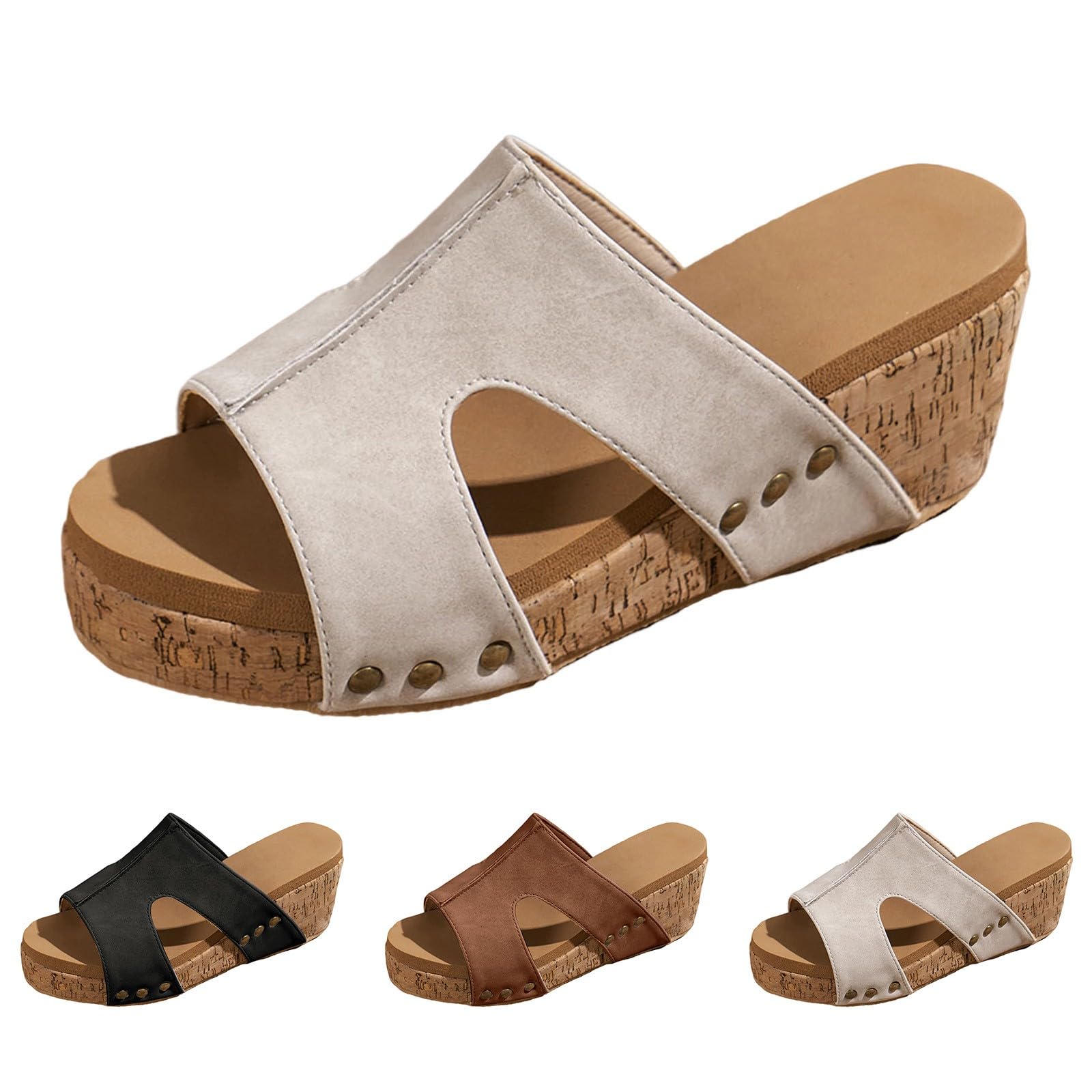 Women's Platform Wedge Sandals Open Toe Slip On Slides Cork Heeled Cutout Comfortable Slide Sandals Casual Dressy Summer Shoes