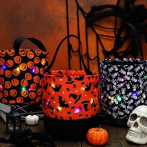 Miniatura 4 de Teling 6 unidades LED de Halloween cubo de calabaza truco o trato, bolsas de golosinas reutilizables multiusos para suministros de Halloween (puntos
