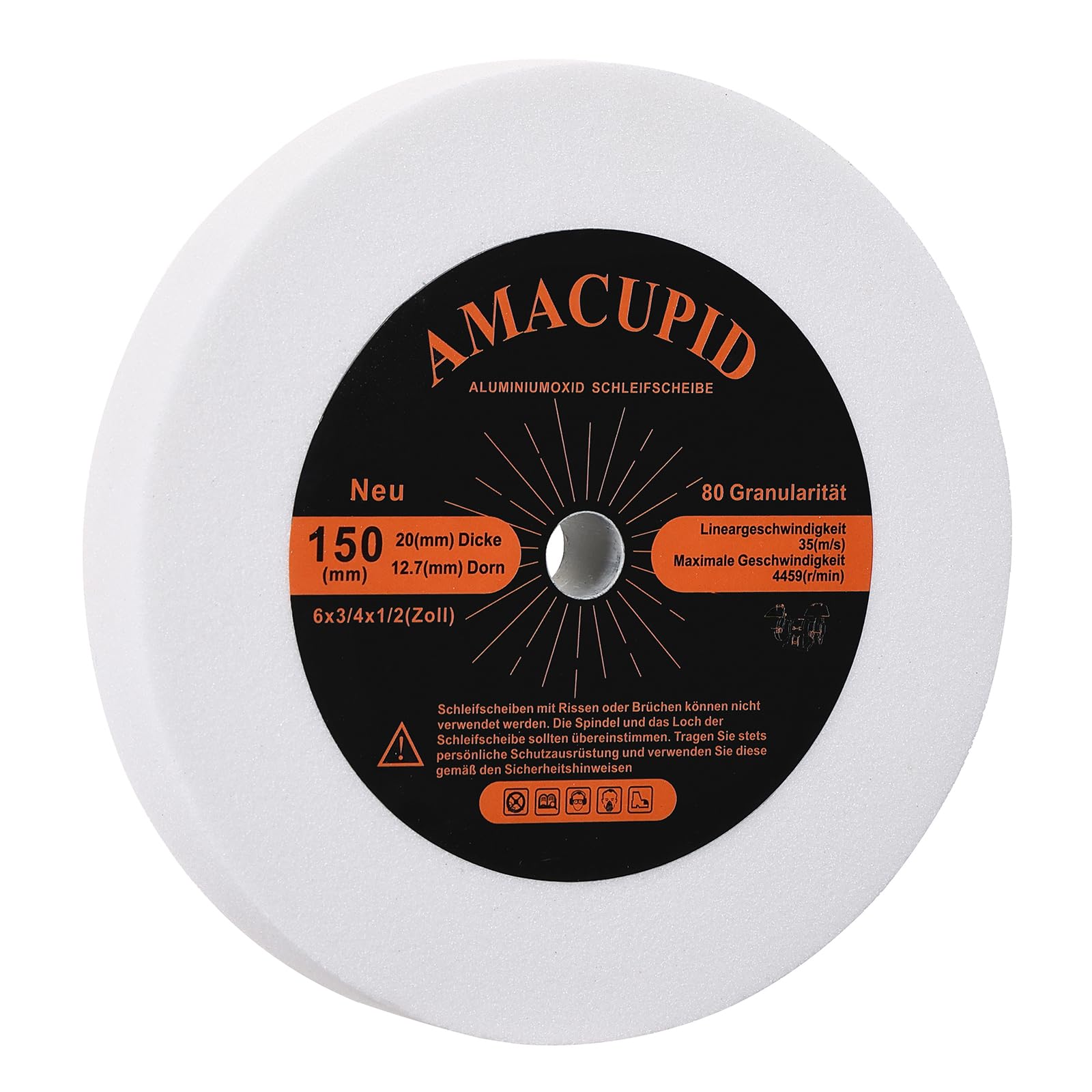 Bench Grinding Wheel 6 Inches, Aluminum Oxide Abrasive. For Sharpening Hardened Steel, High Carbon Steel and Other Hard Tools. 1/2 Inch Arbor, 3/4 Inch Thickness, 80 Grit