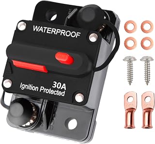30 Amp Breaker Manual Reset Waterproof Inline Fuse Inverter for Car ATV Marine Trolling Motors Boat Power Protect 12V-48V DC, with Wire Lugs Copper Washer Screw
