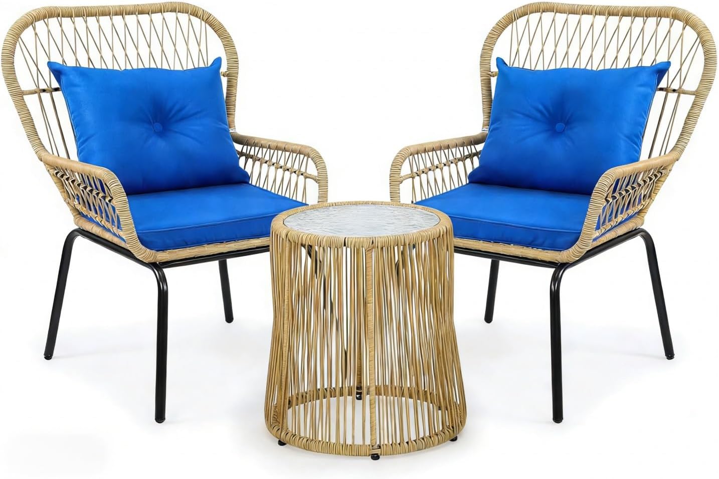3-Piece All-Weather Wicker Bistro Set - High-Back Rattan Patio Chairs with Cushions & Tempered Glass Side Table for Porch & Balcony