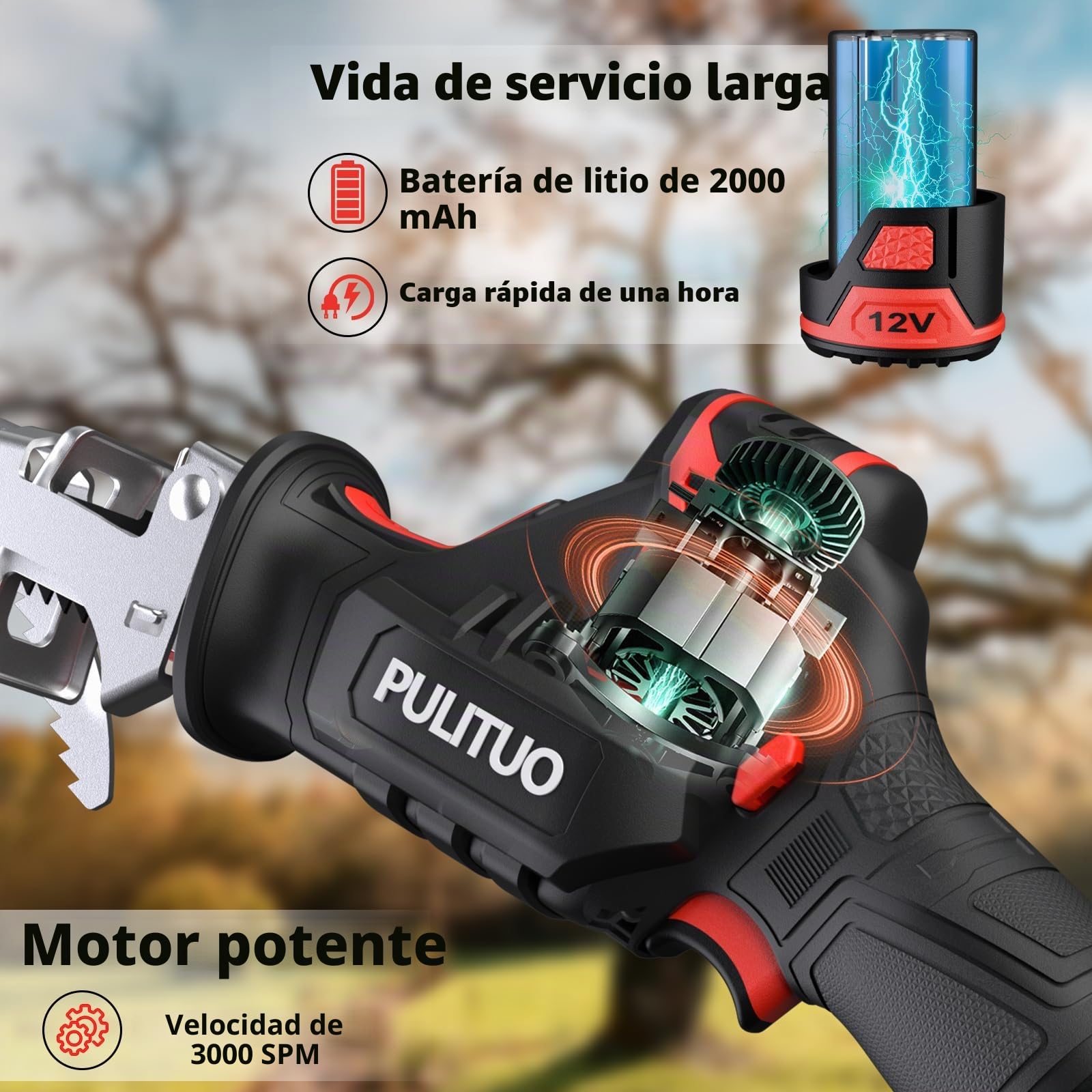 Sierra Sable Inalámbrica,PULITUO 12V Sierra Alternativa con velocidad variable 0-2700RPM,sierra recíproca kit,2.0Ah Batería&1h Cargador Rápido,4 Hojas de Sierra Para Cortar Madera y Metal