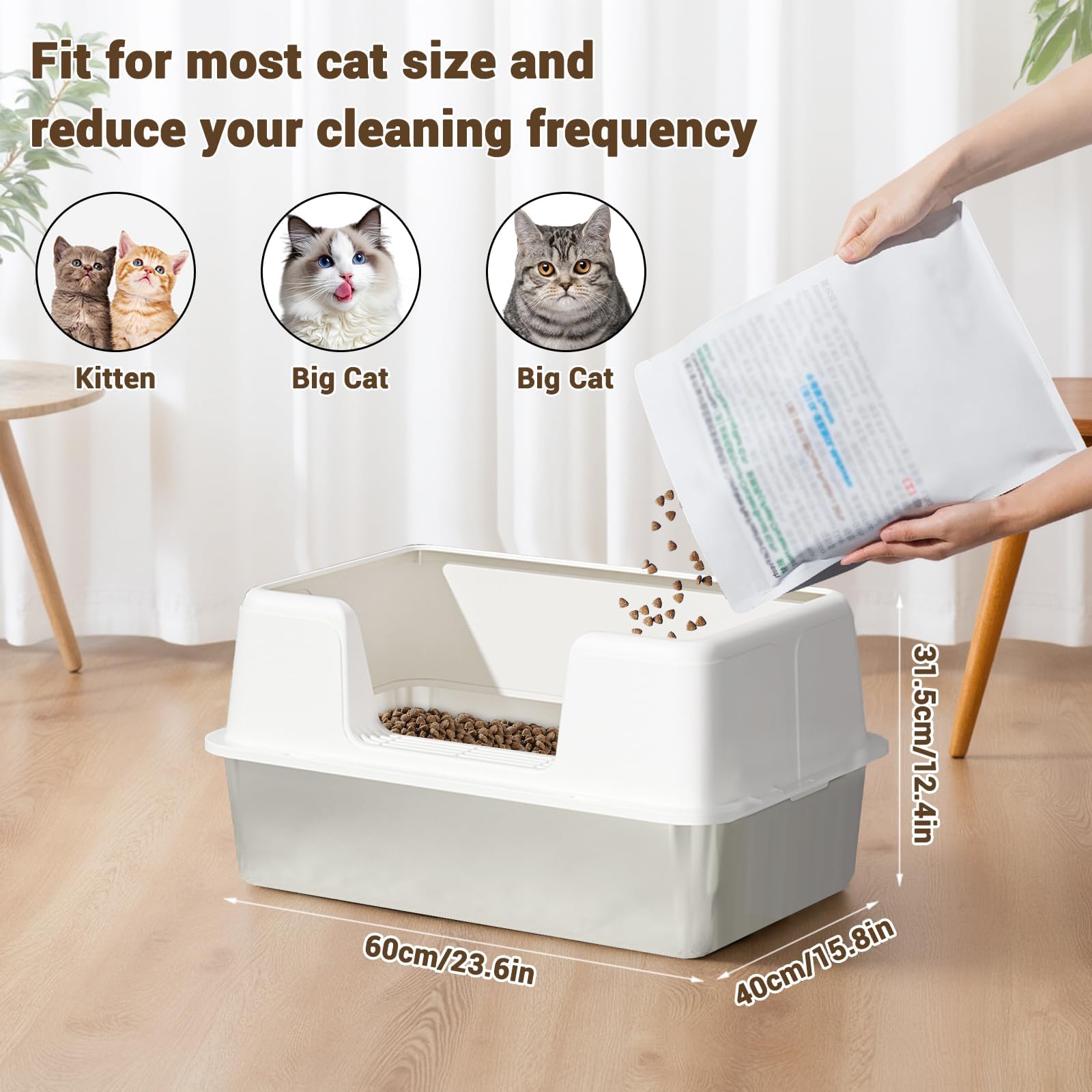 GarveeHome Groß Katzenklo Edelstahl, Halbgeschlossen Katzenklo Edelstahl Leicht zu Reinigen, Hoher Abnehmbarer Metall Katzentoilette mit Anti-Rutsch Matte, Katzenstreuschaufel, 60x40x31.5CM,Weiß