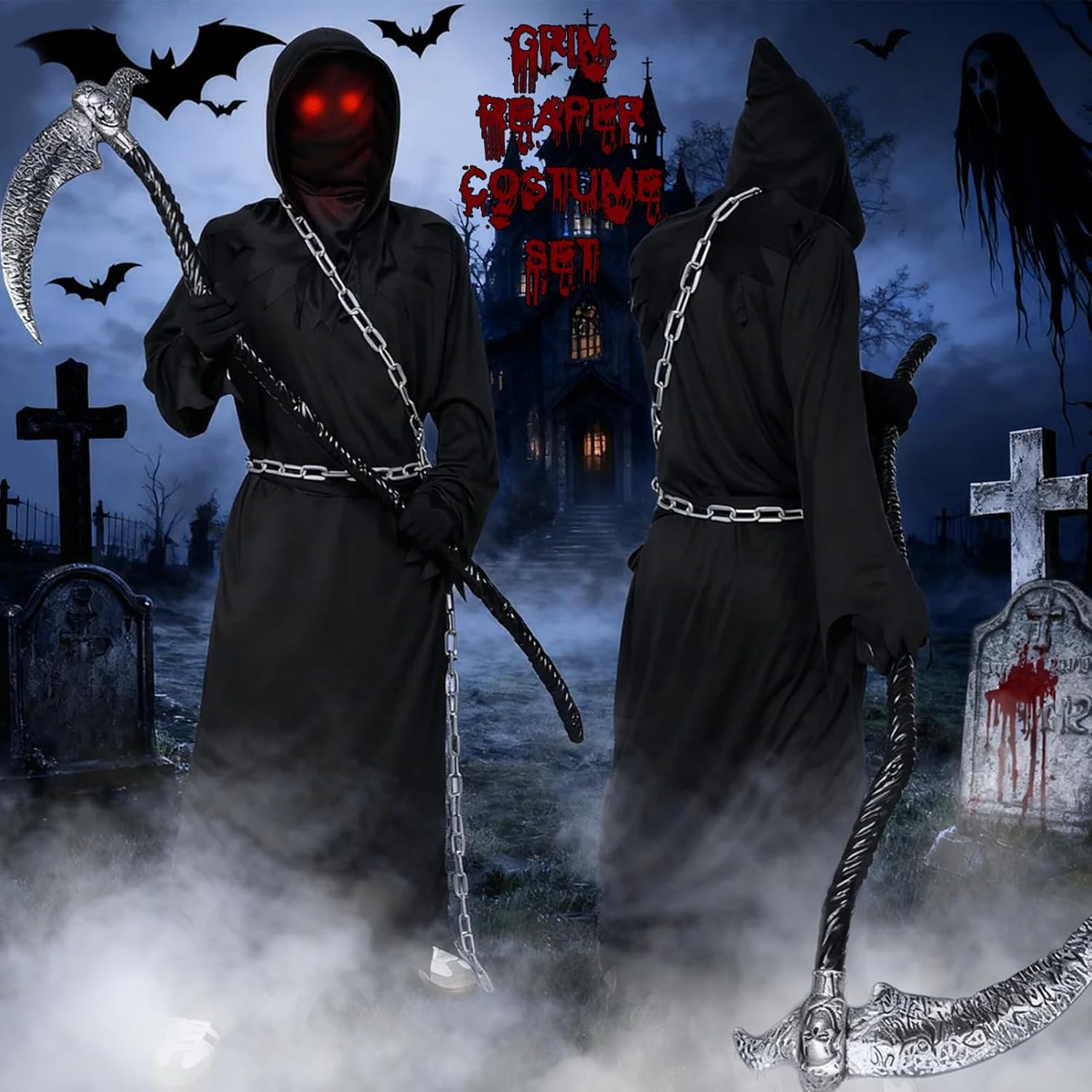 Kicpot Grim Reaper Costume for Kids Boys Adult Halloween Reaper Costume Child 5-14Y Scythe Chain Gloves Robe Glowing Red Eyes