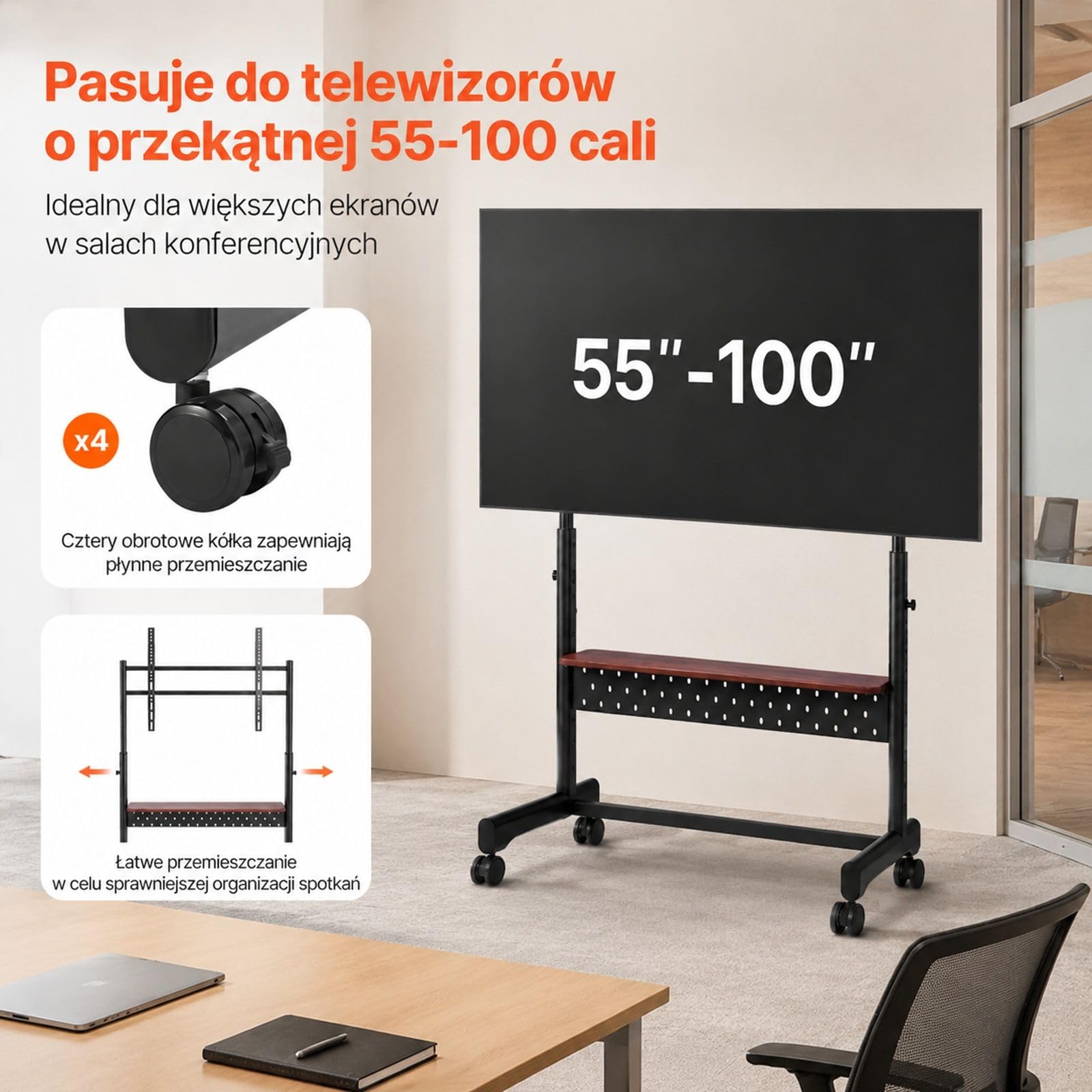 Stojak TV na kółkach, mobilny wózek do telewizora i monitora, podstawa podłogowa z regulacją wysokości do domu biura