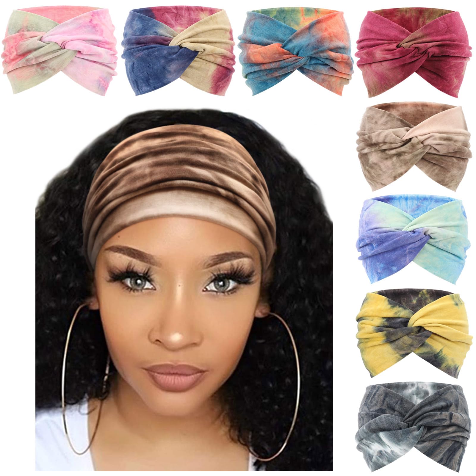 DRESHOW 8 Pack Turban Headbands for Women Wide Vintage Head Wraps Knotted Cute Hair Bands Accessories, 8 Pack Wide Setb-04