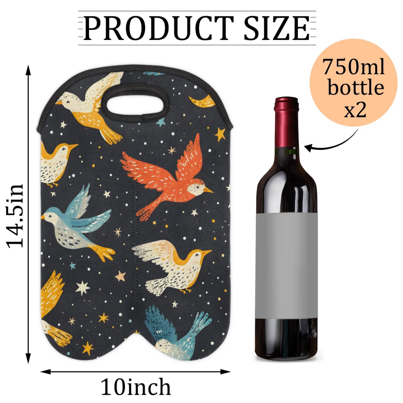 GzLeyigou 2 Bottles Birds Wine Bag Sleeve Totes Neoprene Protective Wine Carrier Bag for Wine,Water, Champagne, Beer, Baby Bottles,Gift 14.5 x 10 Inches