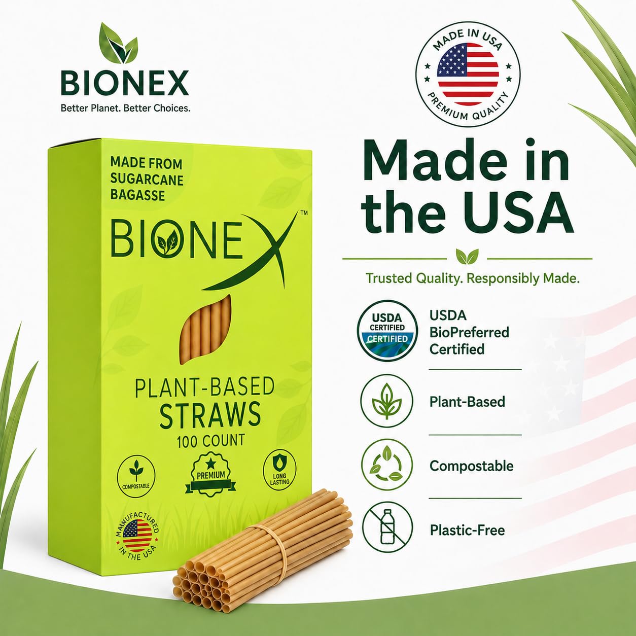 Bionex - Pajitas de caña de azúcar biodegradables, (20,3 cm de longitud), (100 pajas/caja) Alternativa al plástico