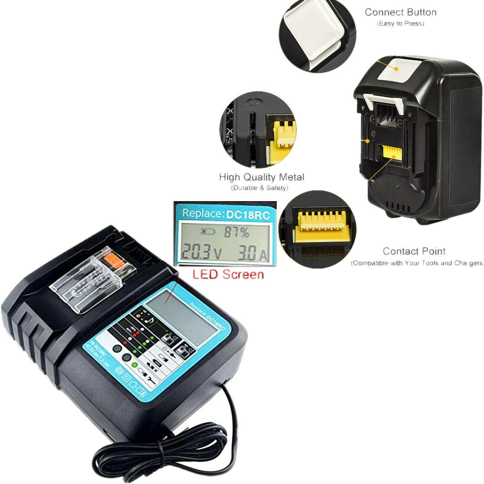 batteria 5A 18V 5000mAh, Ricambio per Makita BL1850 B BL1830 B L1840B BL1815 BL1815N agli ioni di litio + caricatore DC18RC DC18RA