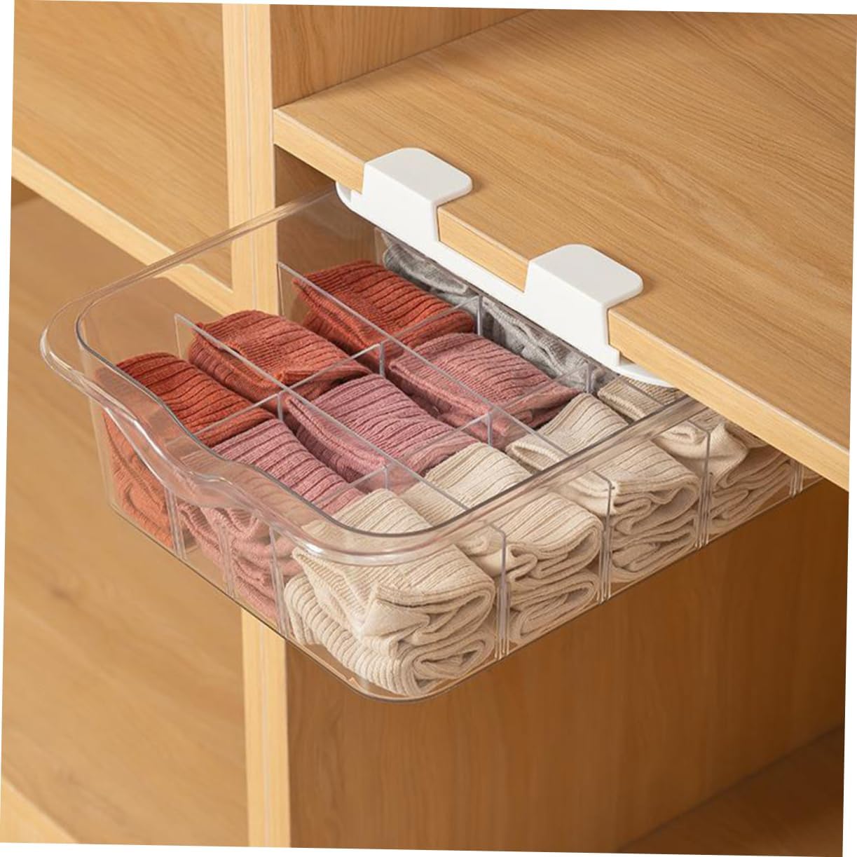 Transparent Compartment Adhesive Under Shelf Storage Box for Socks and Underwear Space Saving Drawer Organizer for Closet Wardrobe and Cabinet Neatness