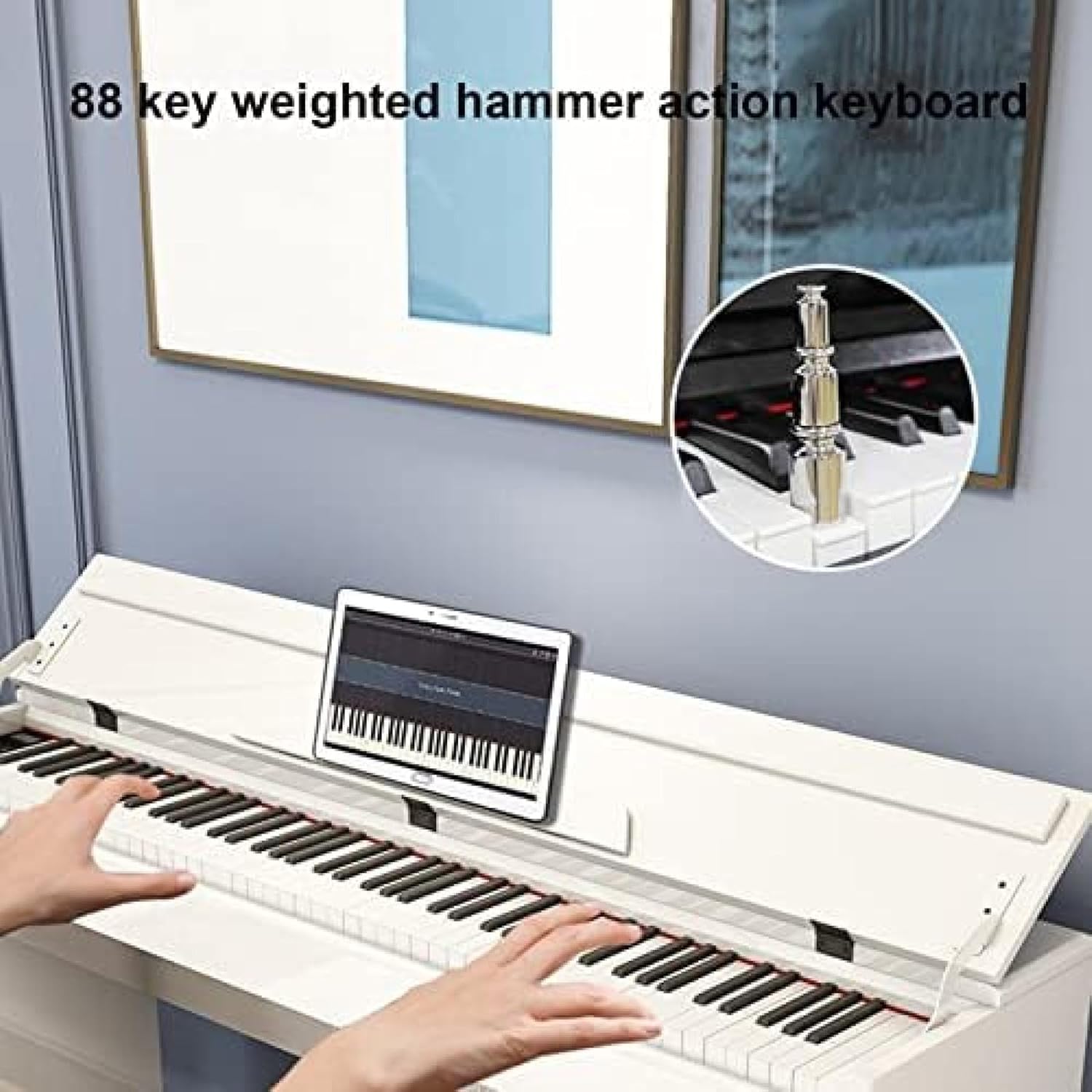Close-up of 88 weighted hammer action keyboard
