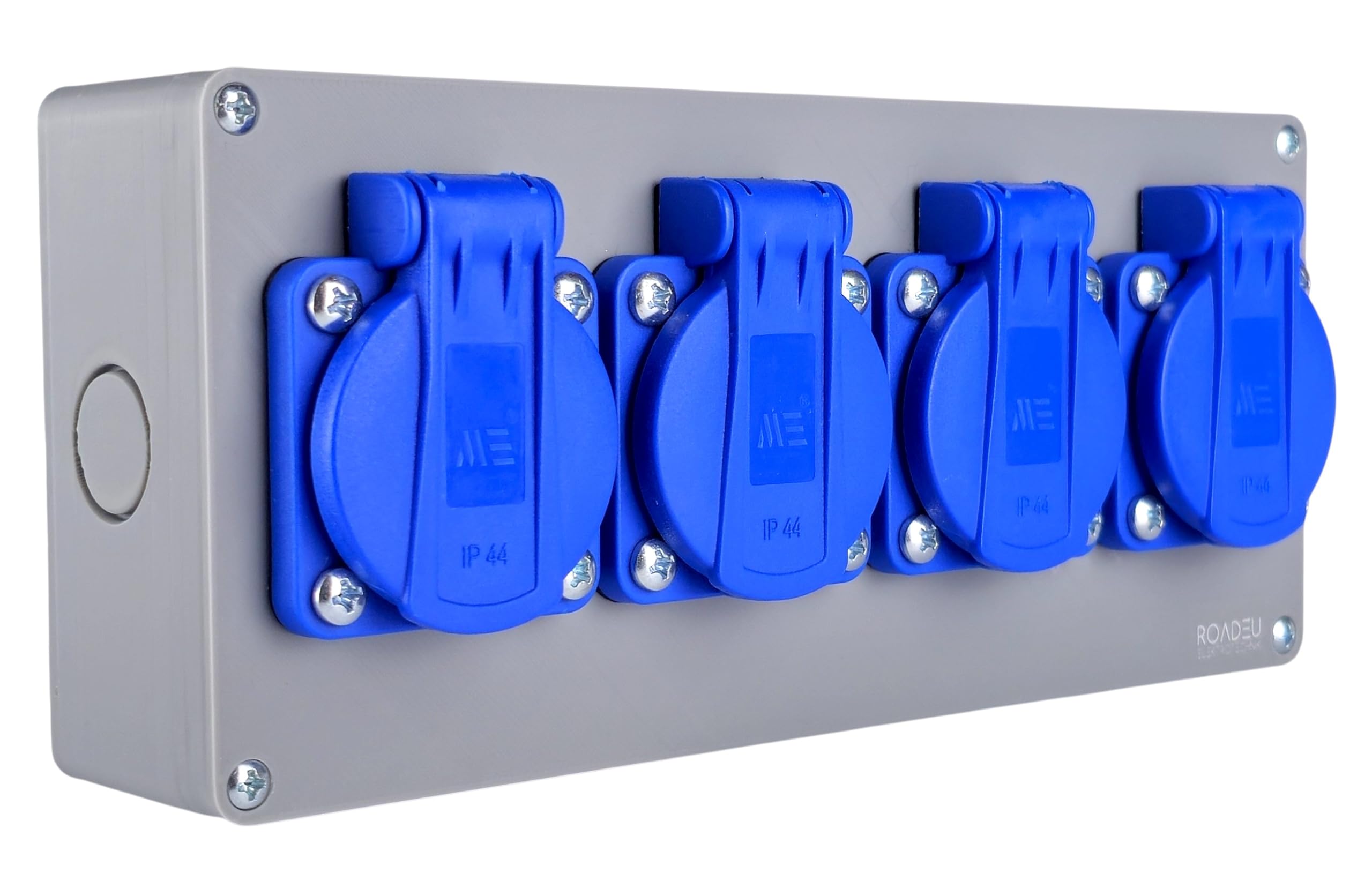 RoadEu Bloc Multiprise IP44 Saillie | 4 Prises Françaises 2P+T 230V/16A | Boîtier de Distribution Pré-câblé avec Presse-étoupe PG13,5 | Répartiteur de Chantier pour Garage, Atelier & Extérieur Couvert