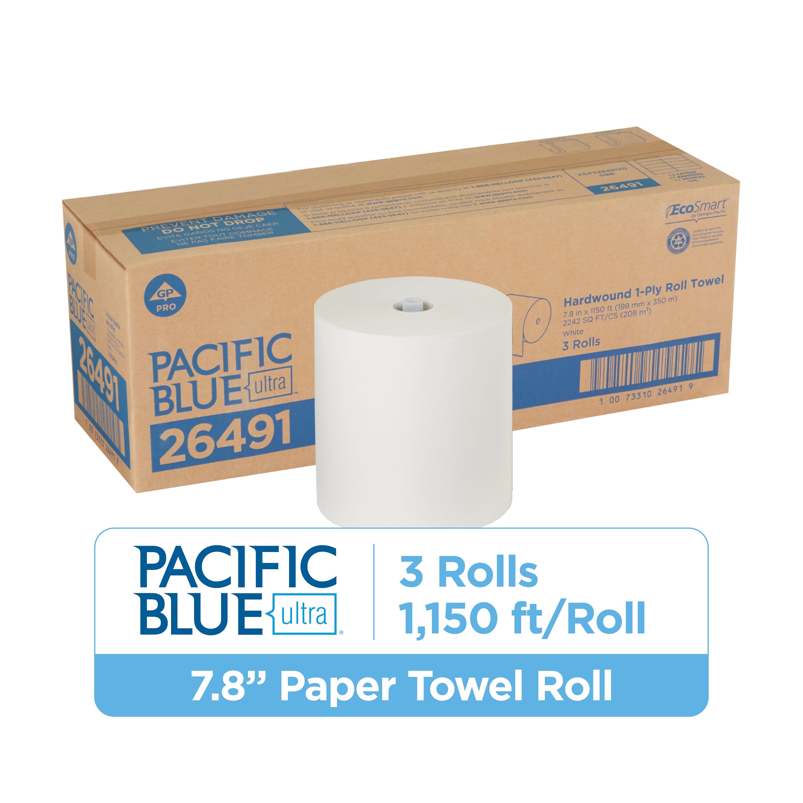 Pacific Blue Ultra 8" High-Capacity Recycled Paper Towel Rolls by GP PRO (Georgia-Pacific), White, 26491, 1,150 Linear Feet Per Roll, 3 Rolls Per Case