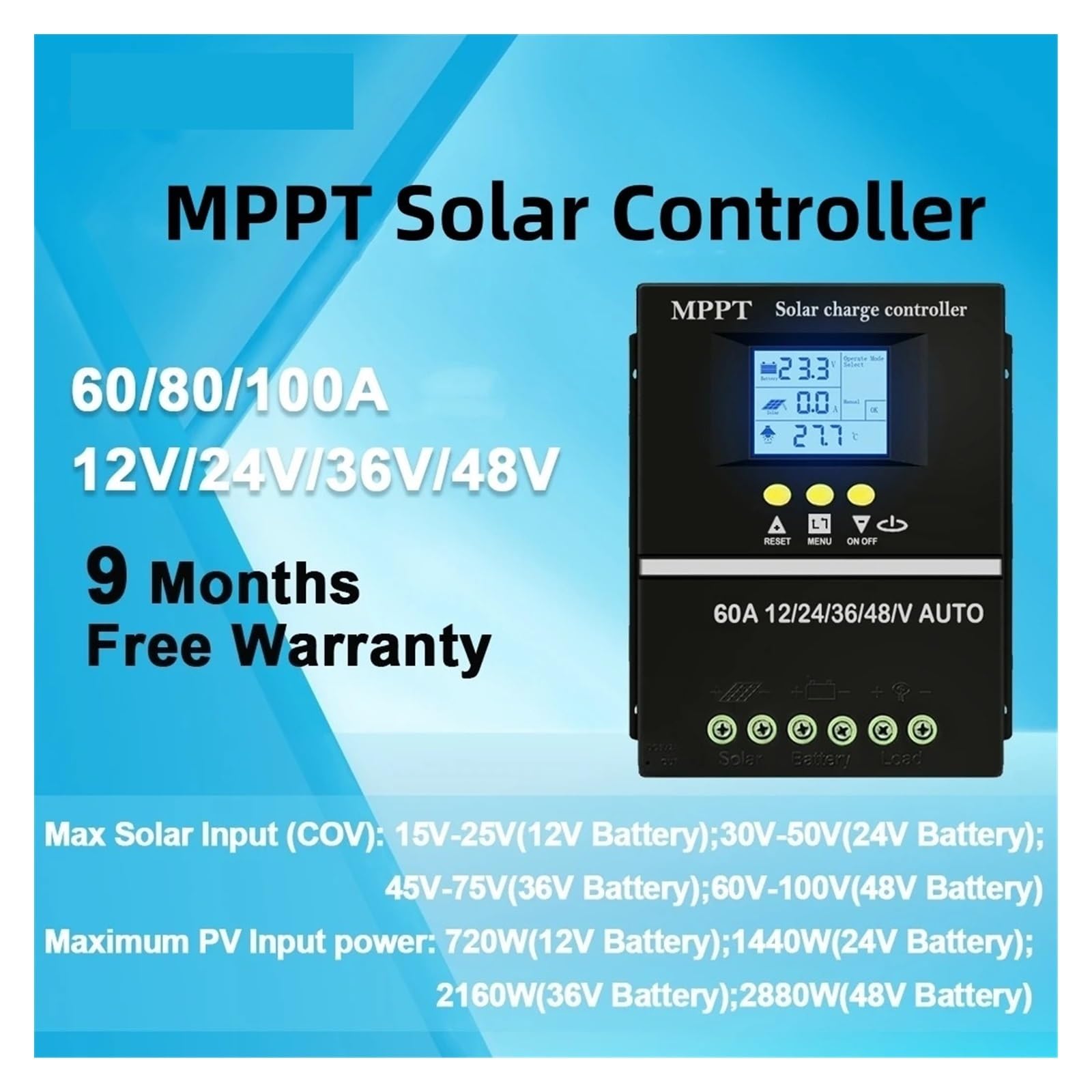 Kontroler ładowania słonecznego, MPPT 100A 80A 60A Regulator Ładowania Słonecznego 12V 24V 36V 48V Panel Słoneczny Kwasowo-ołowiowy/baterii Litowej Podwójny USB(80A)