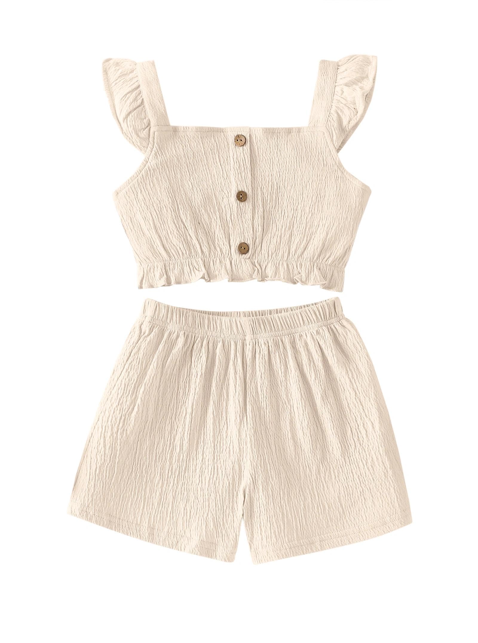 Girls Summer Outfits Flutter Sleeve Shirt Ruffle Hem Pleated Crop Top with Botton and Solid Shorts Sets Beige 13-14 Years
