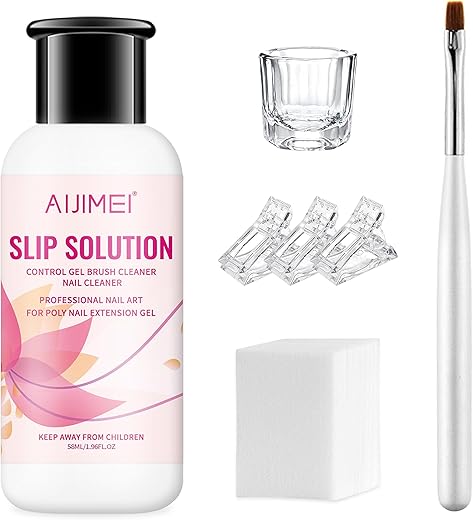 AIJIMEI 58ml/2fl.oz Nail Slip Solution Set Slip Solution for Poly Nail Gel Nails Nail Extension Professional Poly Nail Gel Slip Solution with Nail Brush Glass Crystal Cup for Home and Salon