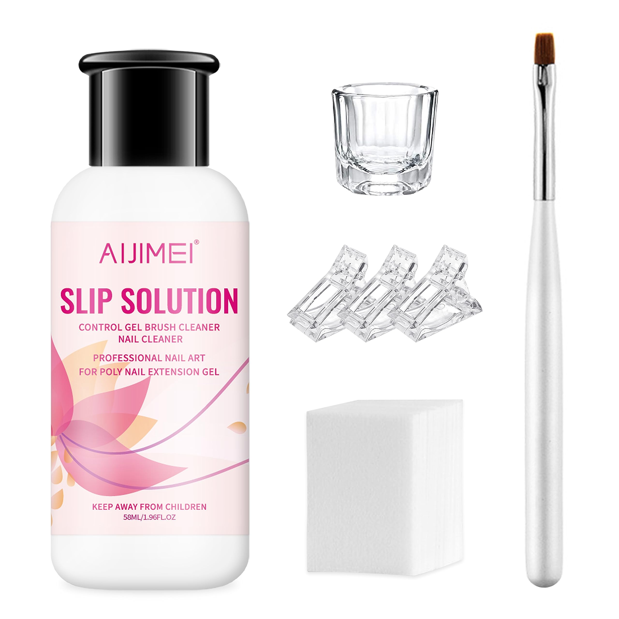 Nail Slip Solution 58ml/1.96fl.oz & Dual-ended Nail Art Brush,Slip Solution Polygel ,Con Clip de Uñas Copa de Cristal Cotton Pads Kit Solución Deslizante para Nail Art DIY