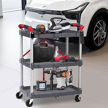 Portable Folding Service Cart, 3-Tier Fold Up Rolling Cart, Collapsible Push Cart with Wheels, 56 Lbs Load Capacity per Shelf Folding Utility Carts for Home/Office/Warehouse - Gery