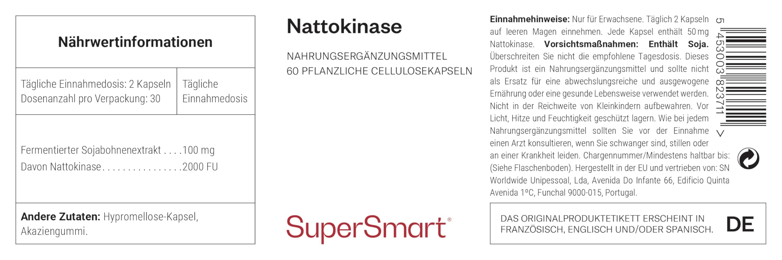 Supersmart - Nattokinase Hoher Gehalt an Vitamin K2 - Japanisches fibrinolytisches Enzym | Glutenfrei - 60 Kapseln