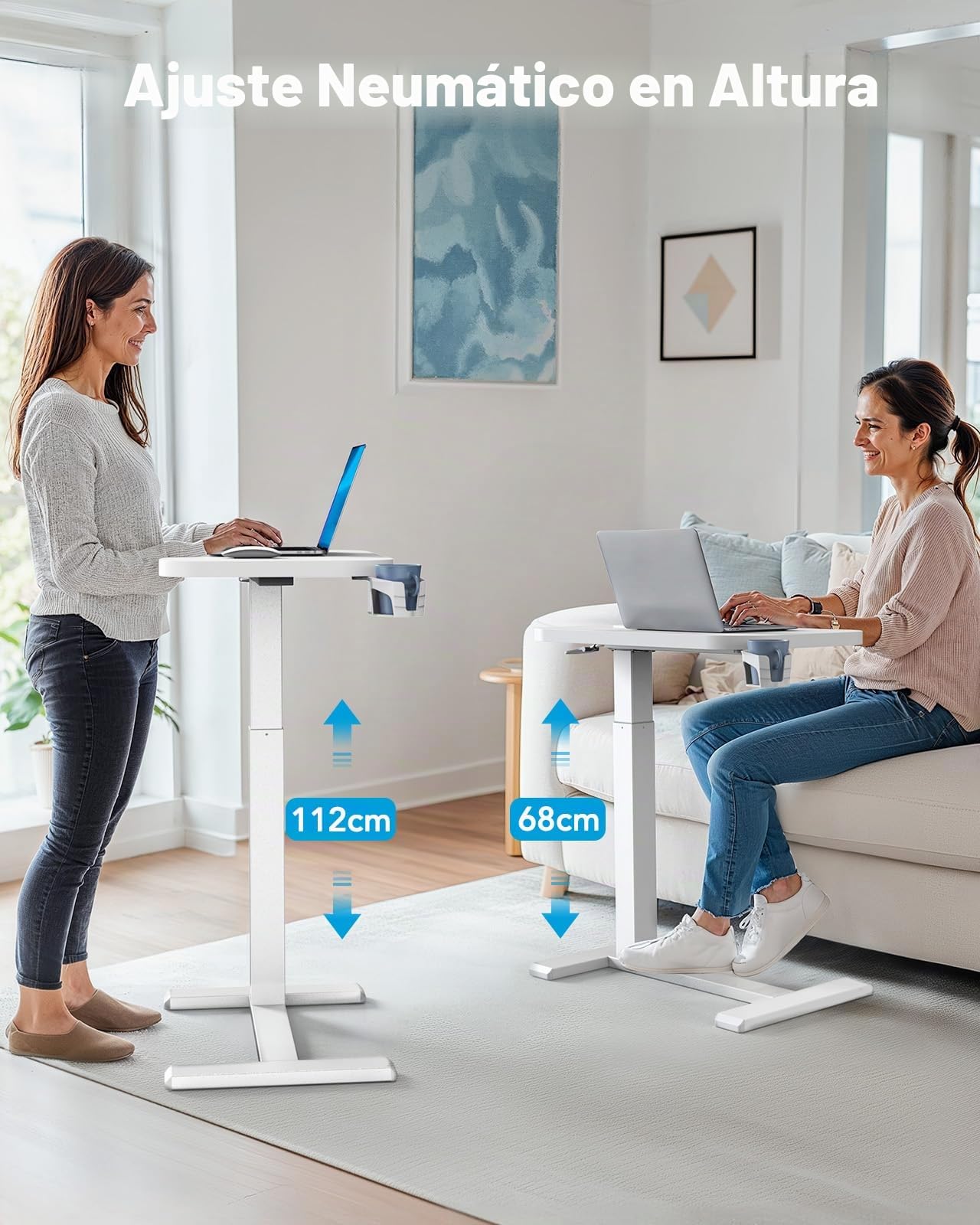 HUANUO Mesa Auxiliar con Ruedas 70x40cm, Mesa Auxiliar Regulable en Altur, Mesa para Ordenador Portátil con Porta Vasos, Escritorio Ergonómico Neumático para Portátil para Oficina en Casa