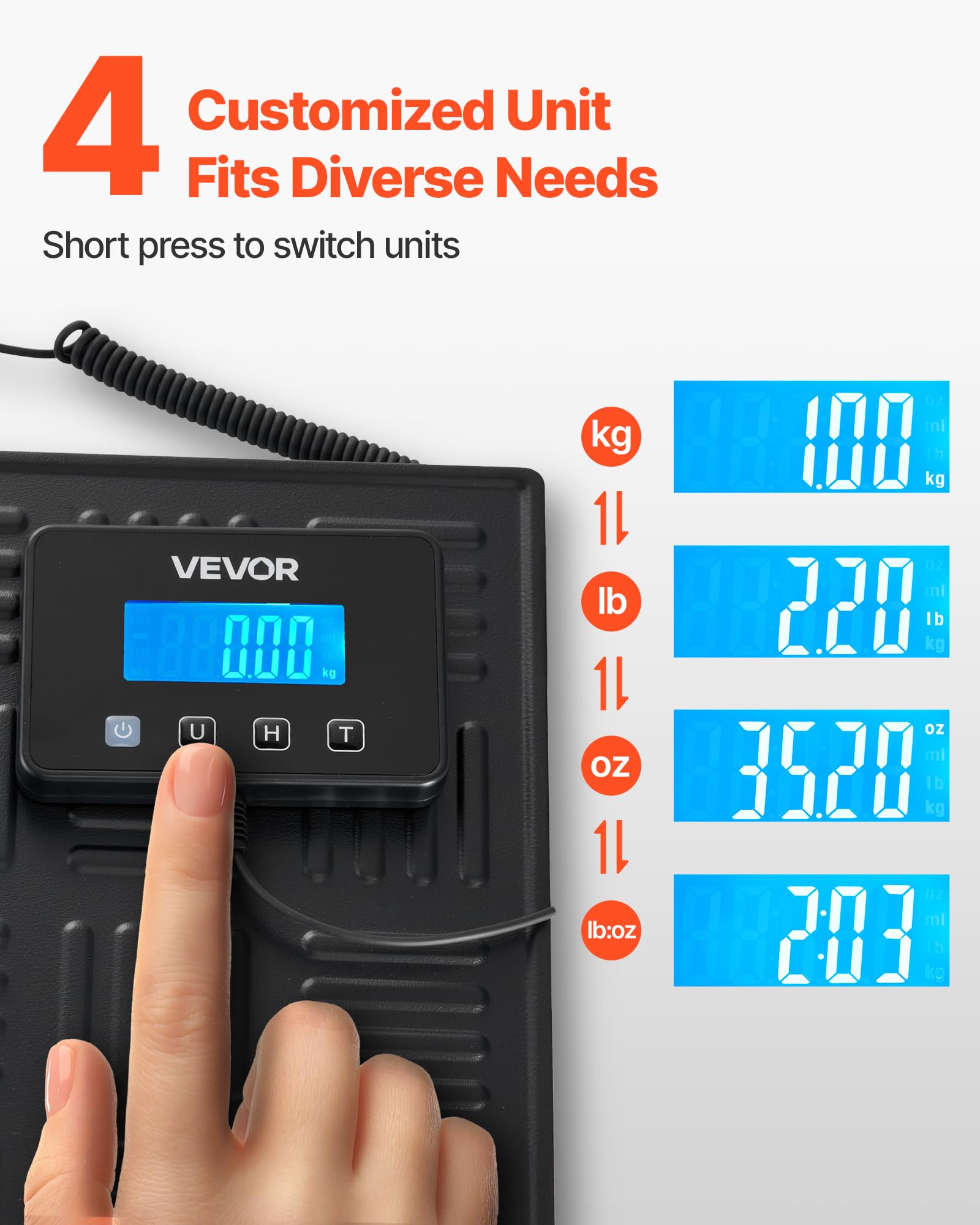 VEVOR Báscula Digital para Paquetes, 20/100 g, Doble Precisión, Plataforma de 300 kg con Función de Tara/Retención y Pantalla LCD, para Paquetes, Envíos y Equipaje, con Batería y Cable de Carga
