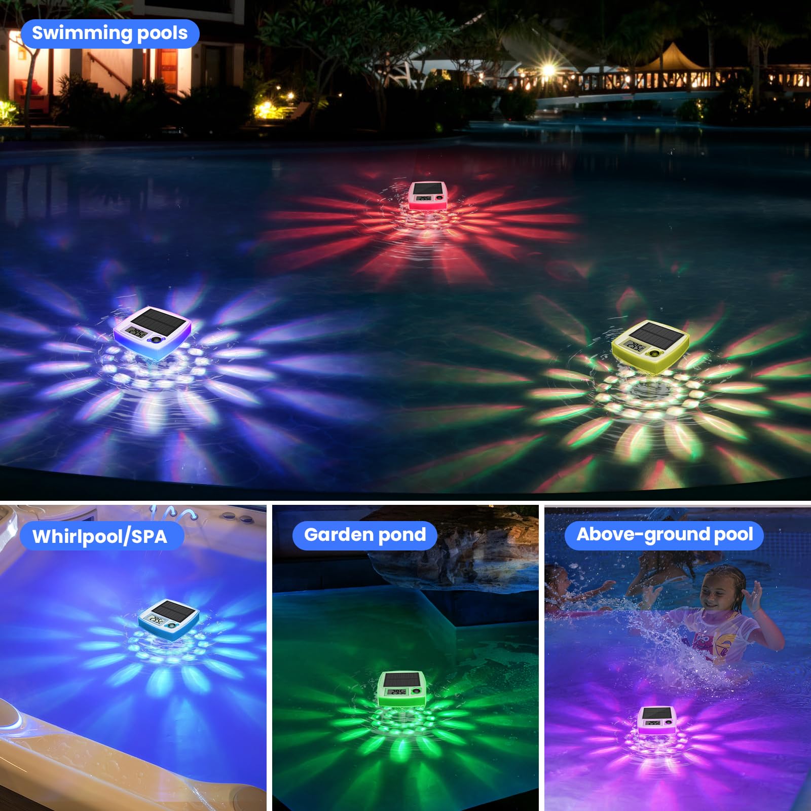 Termómetro Piscina Flotante Solar, iluminación de piscina con 8 modos LED, Termómetro digital fácil Lectura, Luz Solar Piscina IP68 impermeable, para estanque de jardín, Spa, bañeras, Acuarios