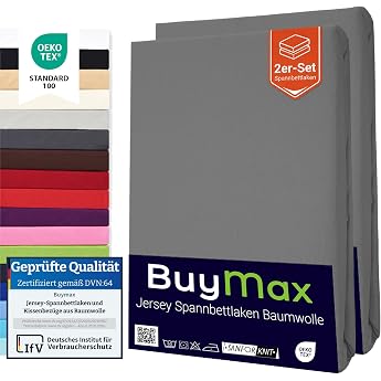 Buymax  Fitted Sheet 160 x 200 cm Double Pack 100% Jersey Cotton Mattress Height Up to 25 cm Anthracite Grey