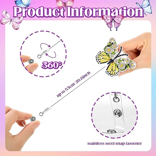 Miniatura 5 de 12 carretes de insignia de mariposa para enfermera, carretes de identificación de mariposa con diamantes de imitación, carretes retráctiles con