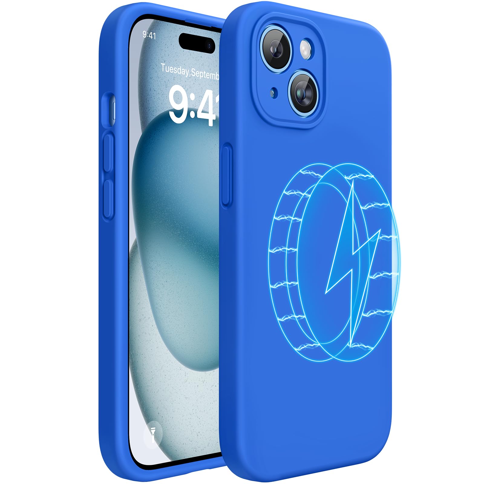 Miracase Compatible with iPhone 15 Plus Case, [Soft Anti-Scratch Microfiber Lining], Compatible with MagSafe, Silicone Shockproof Drop Protection Phone Case for 15 Plus, Mediterranean Blue Magnetic