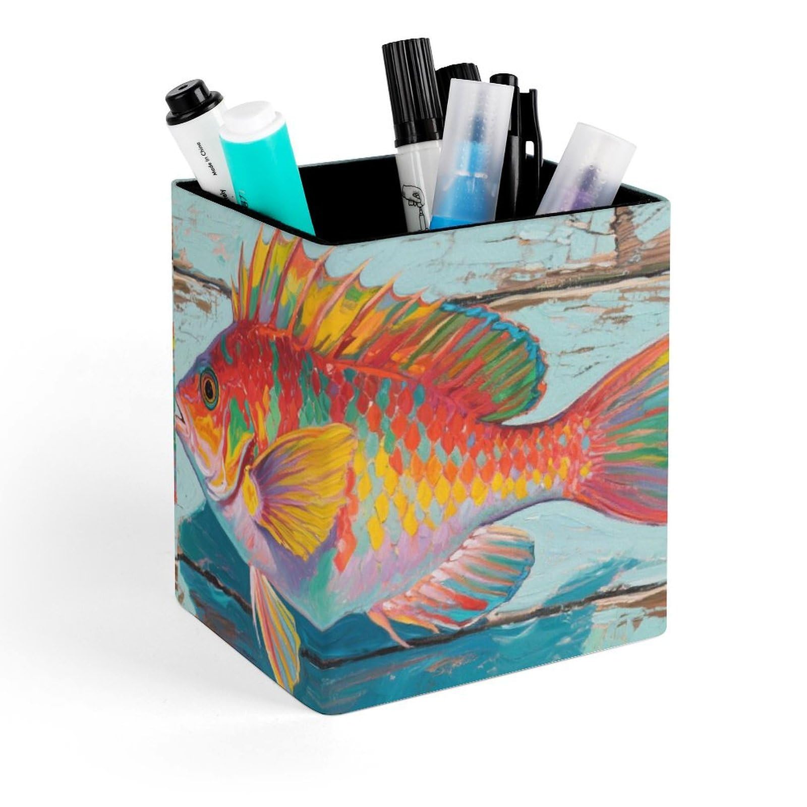 DWVTSLH Aesthetic Pen Holder for Desk - Modern Leather Pencil Holder - Stylish Square Makeup Brush Holder - Fish Pen Cup Cute And Functional Desk Organizer for Office Supplies