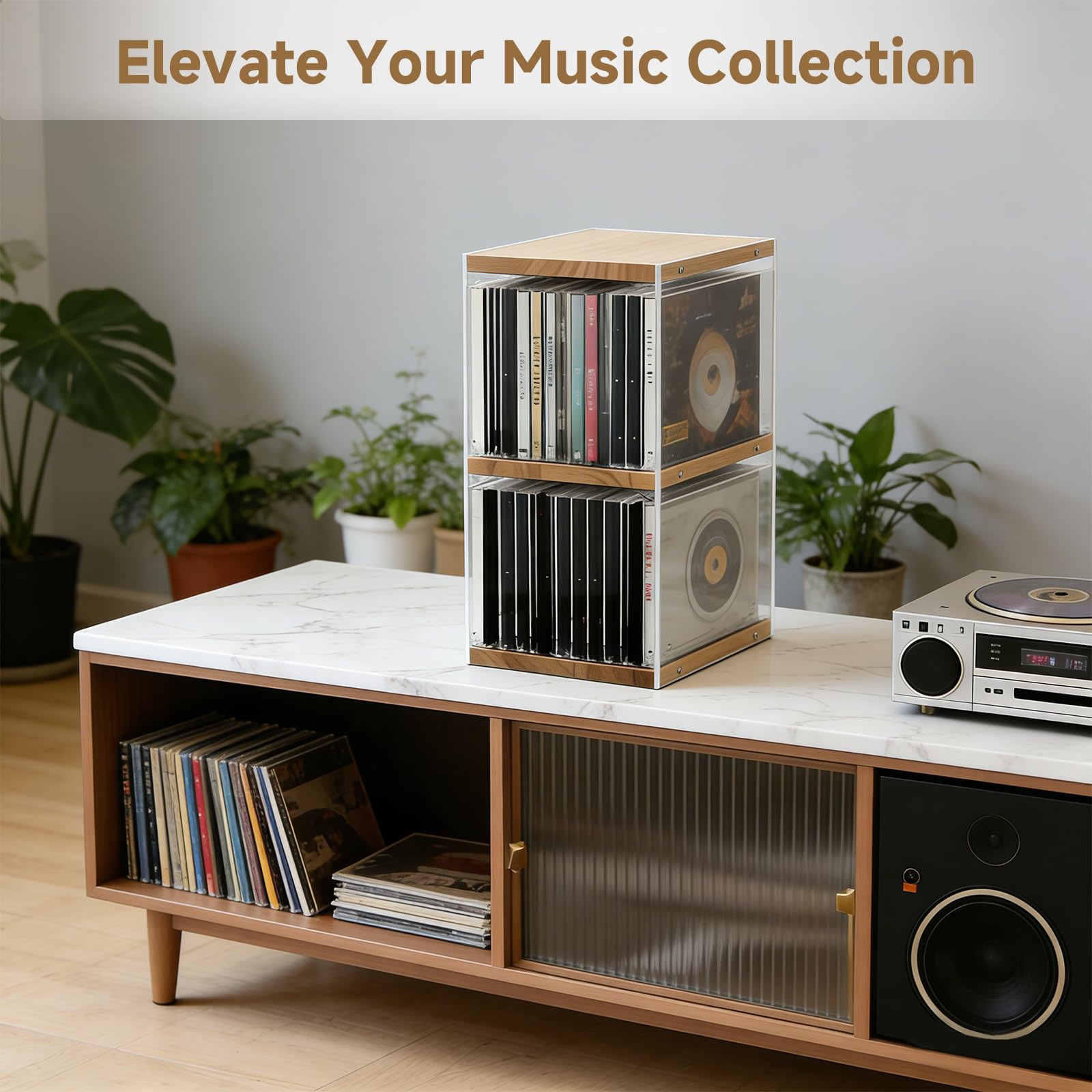 CD Holder Desk Rack Organizer, 8.2*5.9*12.4 In CD Storage Units, Natural Wood CD Storage Rack Holds 30 CD Case, 55 DVDs in Slim Cases, and 130 Discs in CD Sleeves, Organizer for CD & DVD — view 4