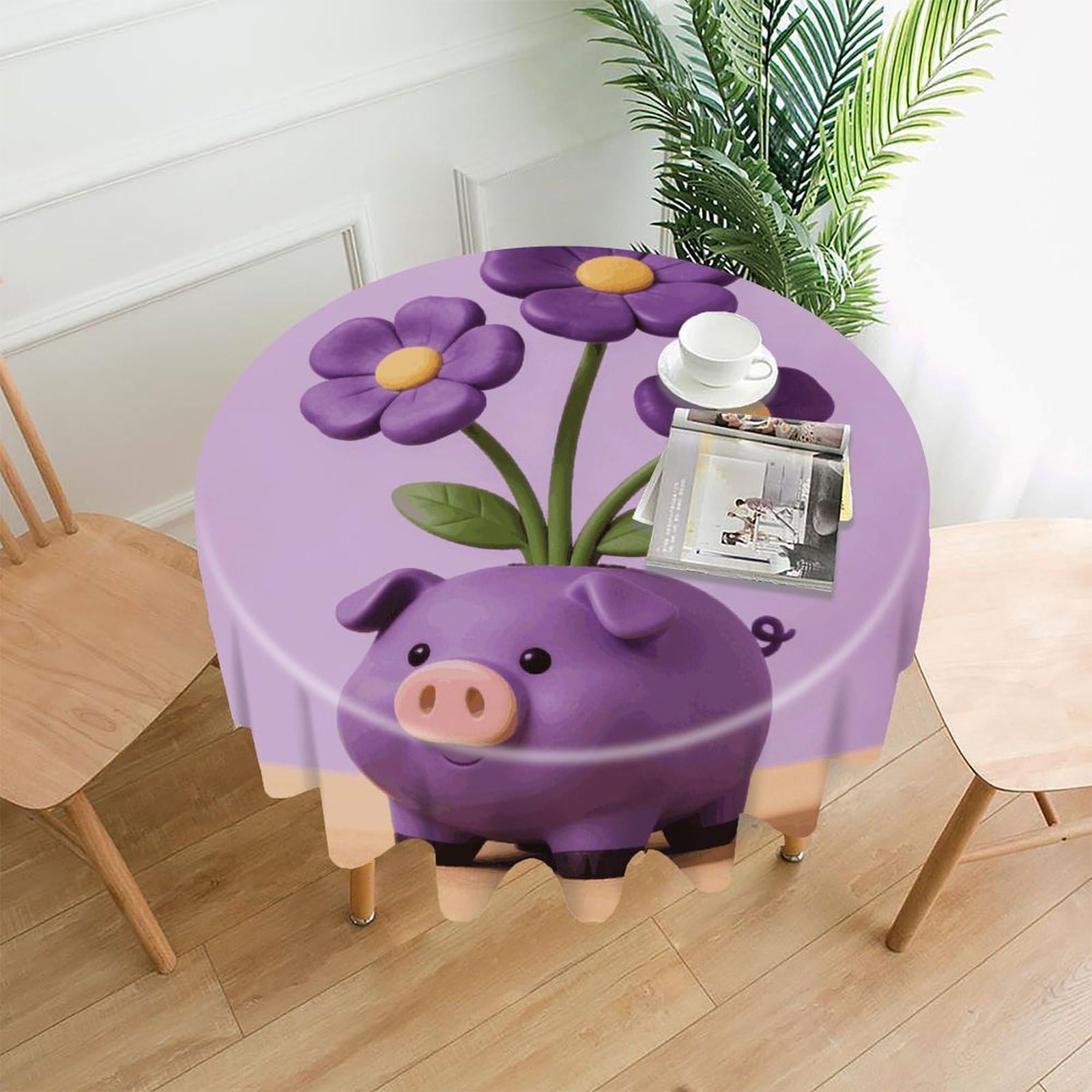 LDGSUPH Purple Heart Piggy Pig Flowers Round Tablecloth Cover Washable Luxurious Fabric Table Cover Decor Wrinkle Free Fashion Round Table Cloth for Home Dining Kitchen Party 60 in