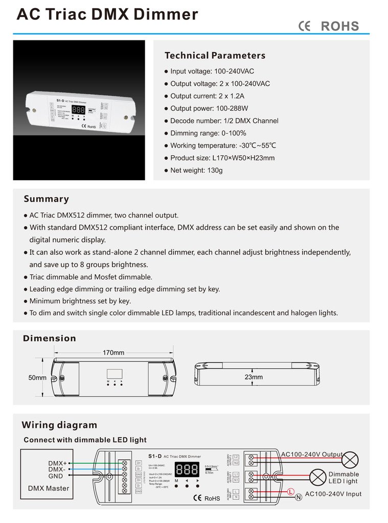AC Triac DMX Dimmer Two Channel Output 2 Channel Dimmer Triac Dimmable and Mosfet Dimmable Input Voltage 100-240VAC Output voltage 2 x 100-240VAC