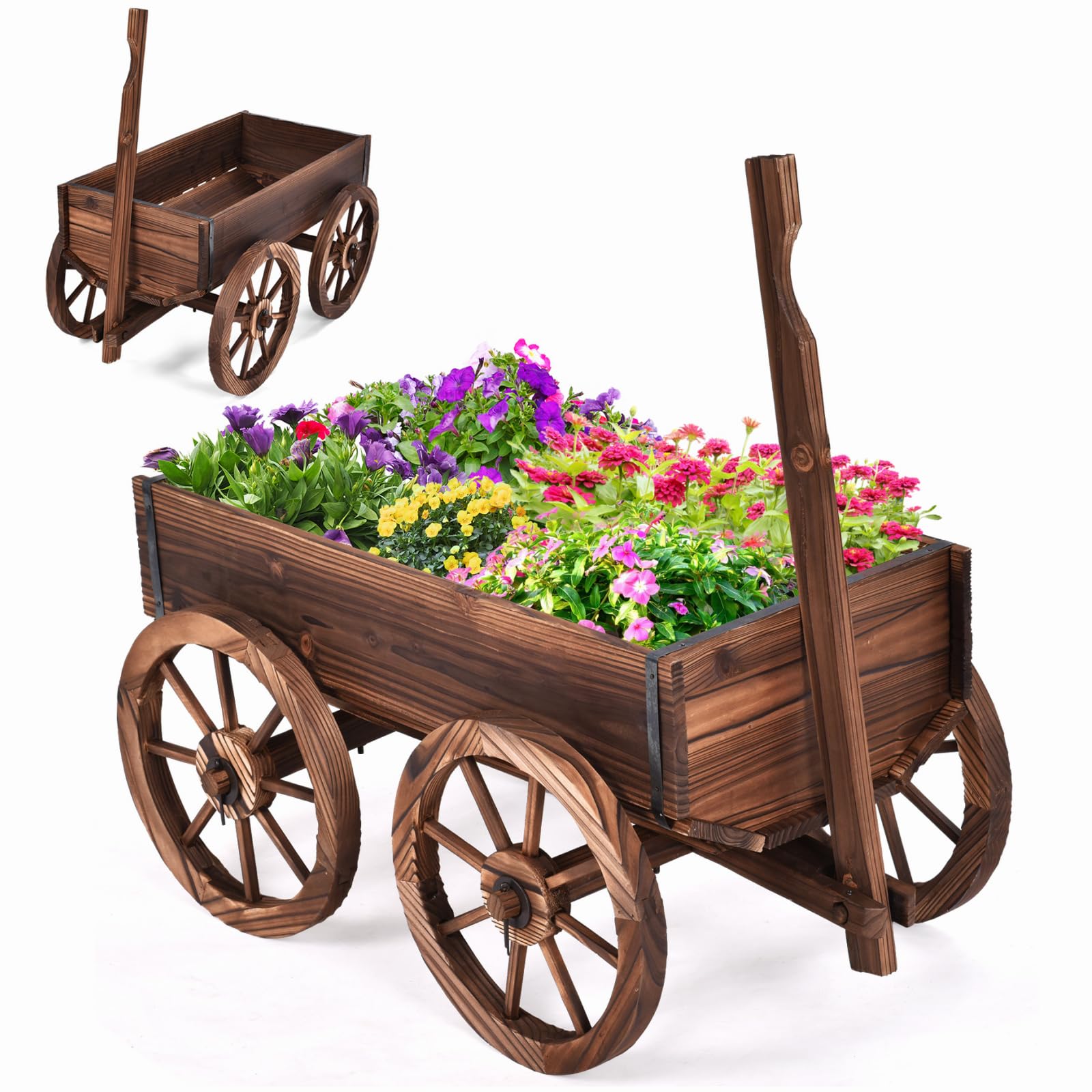 RELAX4LIFE Blumenwagen Holz, Pflanzwagen mit 4 Rädern, Verstellbarem Griff, Ablauflöchern, Bollerwagen Outdoor wetterfest, Pflanzkarre Pflanztopf für Garten Balkon Terrasse, 120 x 43 x 53,5 cm, Braun