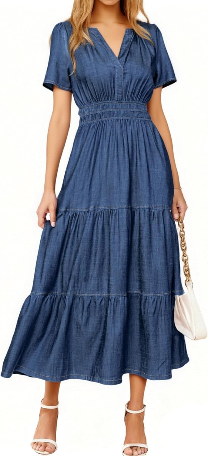 Simplee Womens Summer Denim Dress Casual Short Sleeve V Neck Empire Waist Boho Flowy Western Jean Maxi Dresses with Pockets