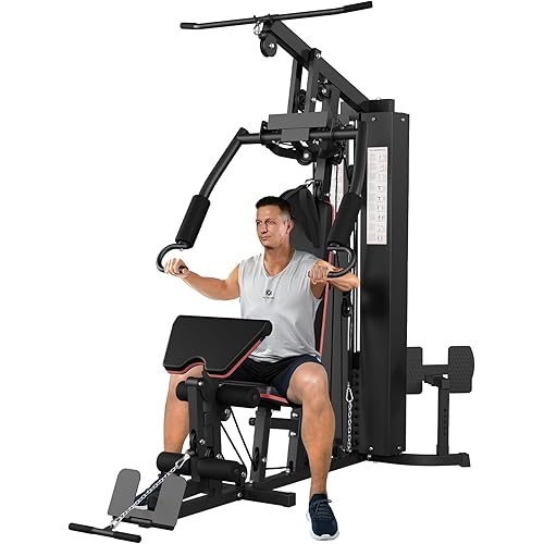 Multifunctional Home Gym Equipment, Workout Station with 150LBS Weight Stack, Full Body Workout Equipment with Pulley System, All in One Workout Machine with Leg Press
