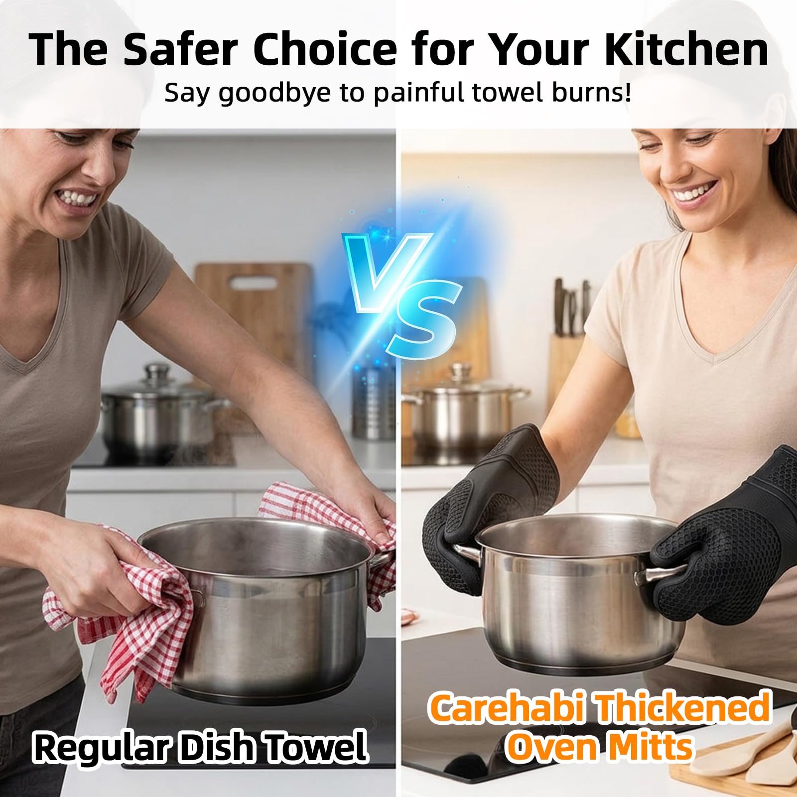 Carehabi Guanti da Forno e Presine Set da 4 Pezzi Silicone Guanti da Cucina Resistenti al Calore fino a 230°C con Trama a Nido d'Ape per Cuocere Barbecue e Cottura