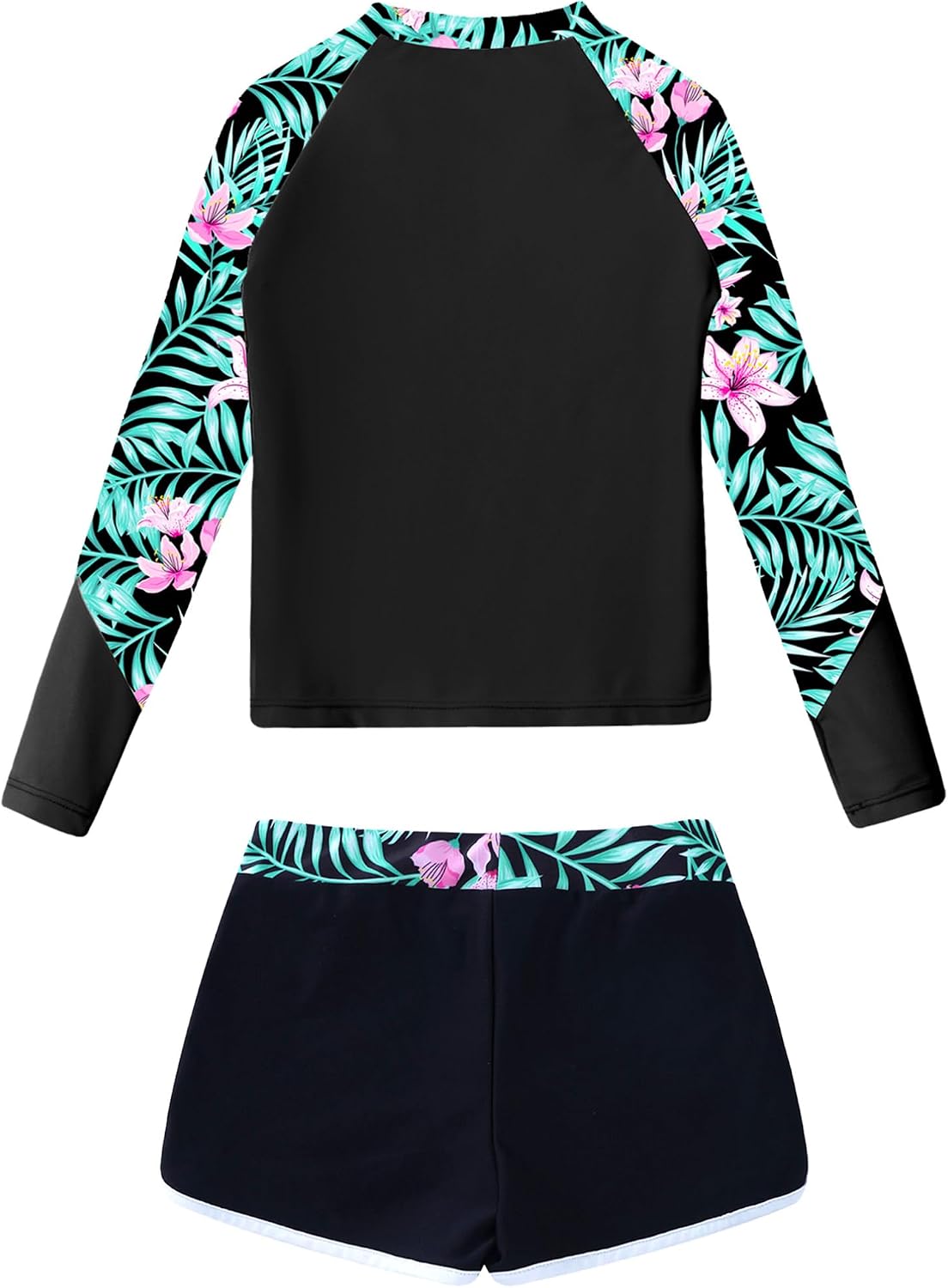 Rash Guard Set for Kids Big Girls Flower Printed Swim Top with Bottoms 2 Piecs Swimwear Outfit