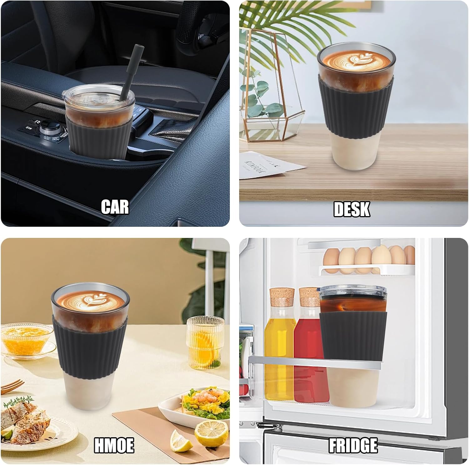 Black Glass Cups with Lid and Straw, 16 oz Glass Coffee Cup, Reusable with Temperature Sensitive Silicone Sleeve and Silicone Straw,Travel Iced Coffee Cup for Juice andMilk Tea (single pack) - Image 5